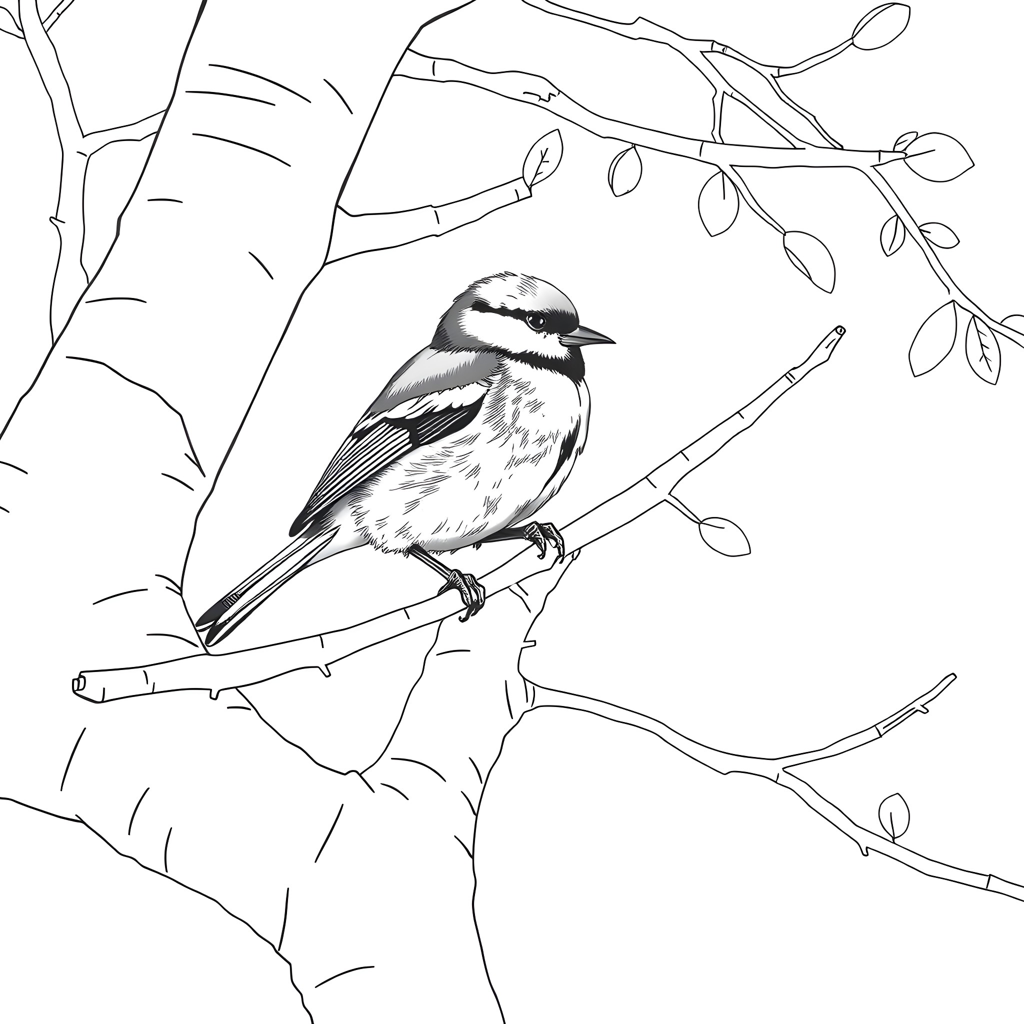 Great Tit perched on a branch Coloring Page (free black-and-white line drawing printable PDF for all, from beginners to advanced learners, including children, teens, adults, and seniors)
