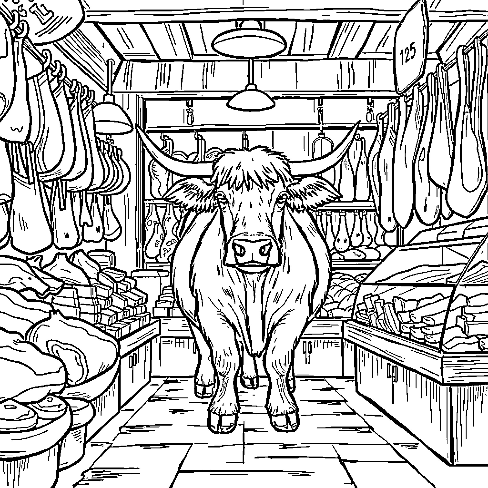 Highland Cow exploring a bustling market stall Coloring Page (free black-and-white line drawing printable PDF for all, from beginners to advanced learners, including children, teens, adults, and seniors)