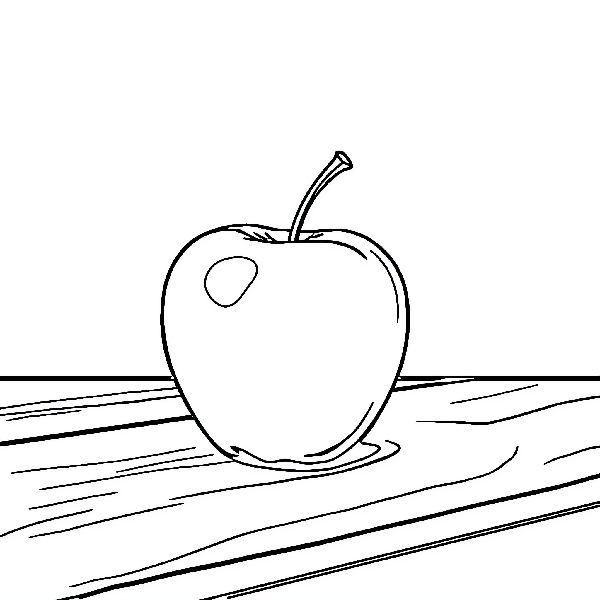 Apple on a Wooden Surface Coloring Page (free black-and-white line drawing printable PDF for all, from beginners to advanced learners, including children, teens, adults, and seniors)