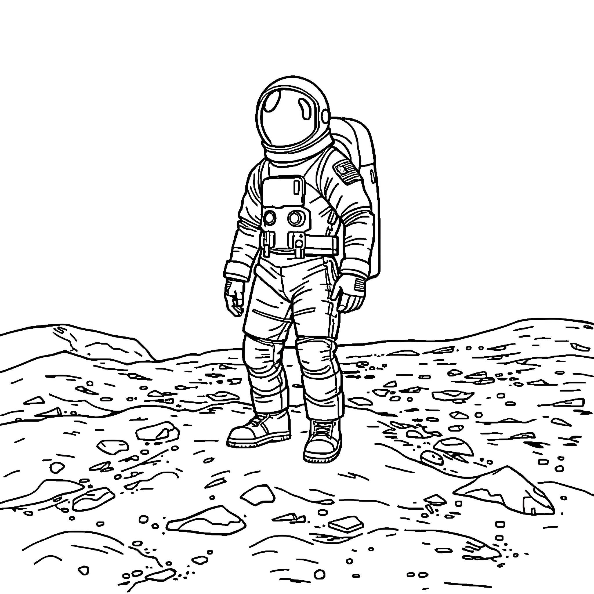 Astronaut exploring the lunar surface Coloring Page (free black-and-white line drawing printable PDF for all, from beginners to advanced learners, including children, teens, adults, and seniors)