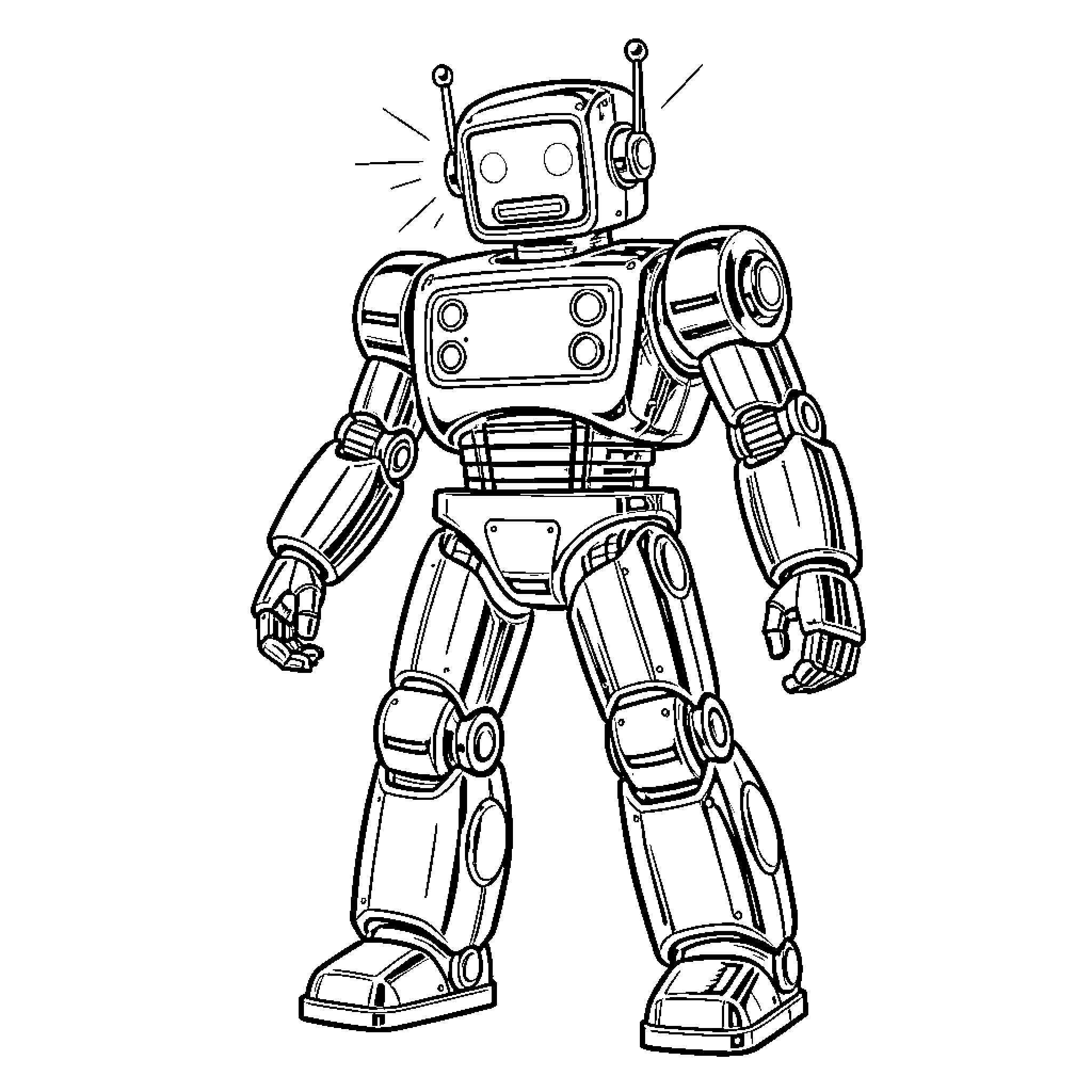 Robot standing in a ready position Coloring Page (free black-and-white line drawing printable PDF for all, from beginners to advanced learners, including children, teens, adults, and seniors)