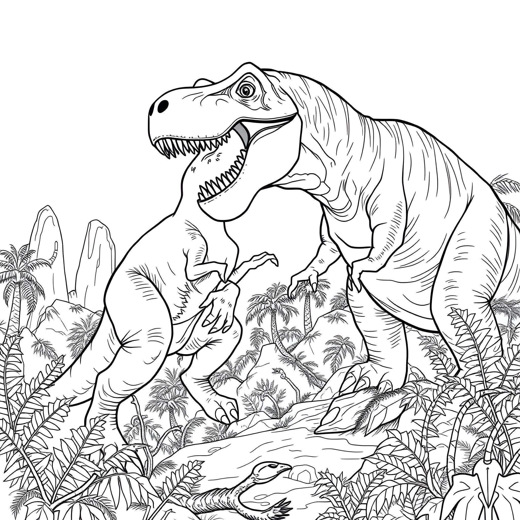 Dinosaur roaming through the jungle Coloring Page (free black-and-white line drawing printable PDF for all, from beginners to advanced learners, including children, teens, adults, and seniors)