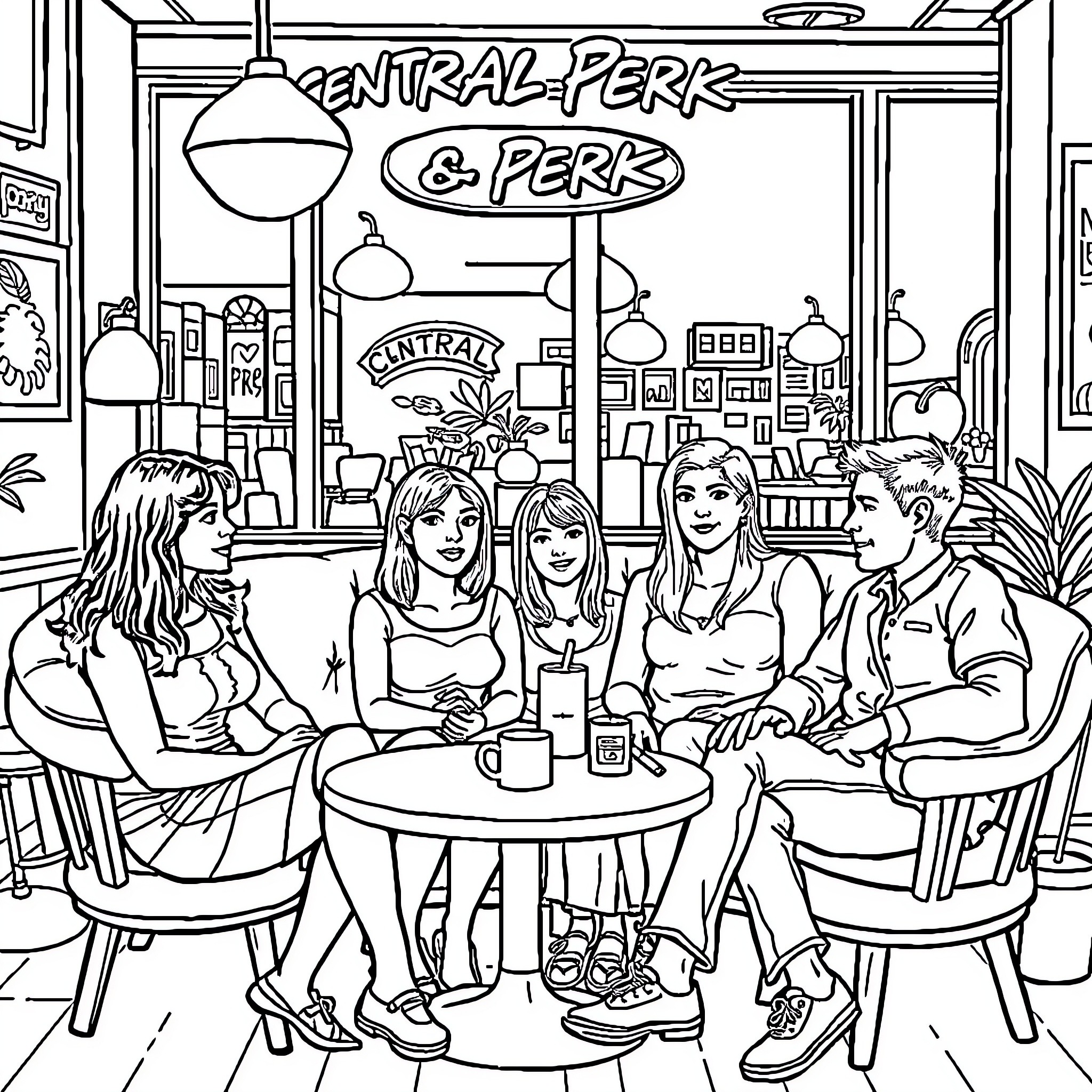 Friends enjoying a casual gathering at a cafe Coloring Page (free black-and-white line drawing printable PDF for all, from beginners to advanced learners, including children, teens, adults, and seniors)