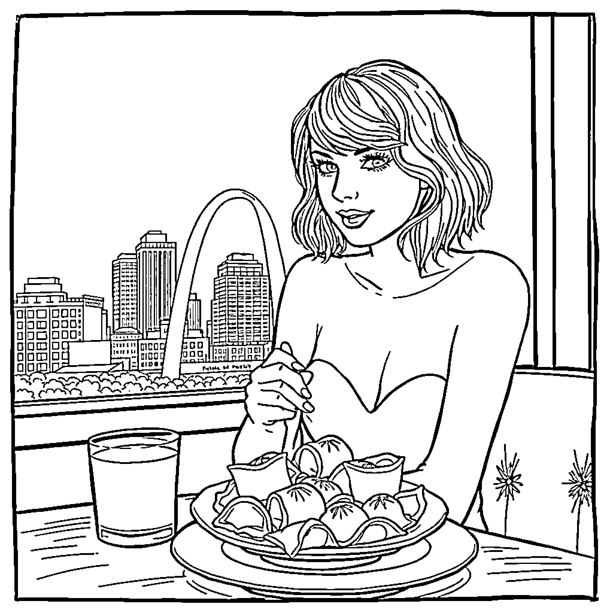 Taylor Swift enjoying a meal with city skyline Coloring Page (free black-and-white line drawing printable PDF for all, from beginners to advanced learners, including children, teens, adults, and seniors)
