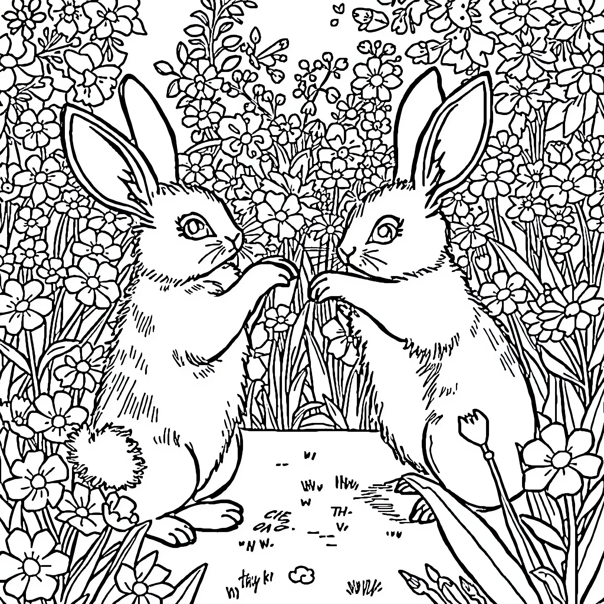 Conejo rabbits in a flower-filled meadow Coloring Page (free black-and-white line drawing printable PDF for all, from beginners to advanced learners, including children, teens, adults, and seniors)