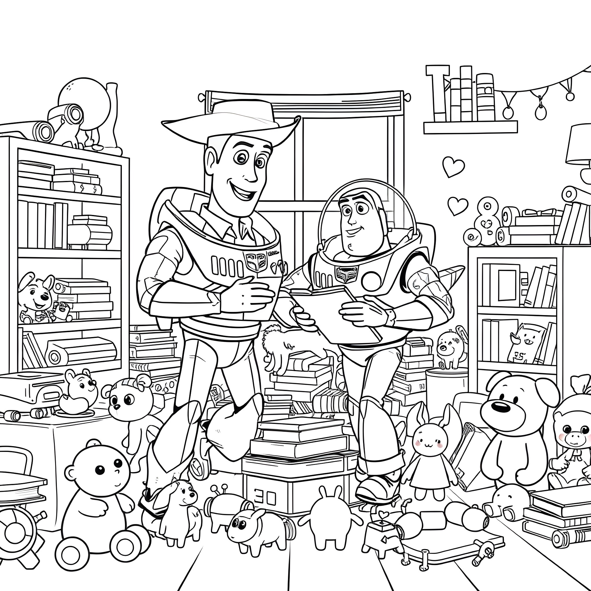 Woody's Playroom with Toys and Friends Coloring Page (free black-and-white line drawing printable PDF for all, from beginners to advanced learners, including children, teens, adults, and seniors)