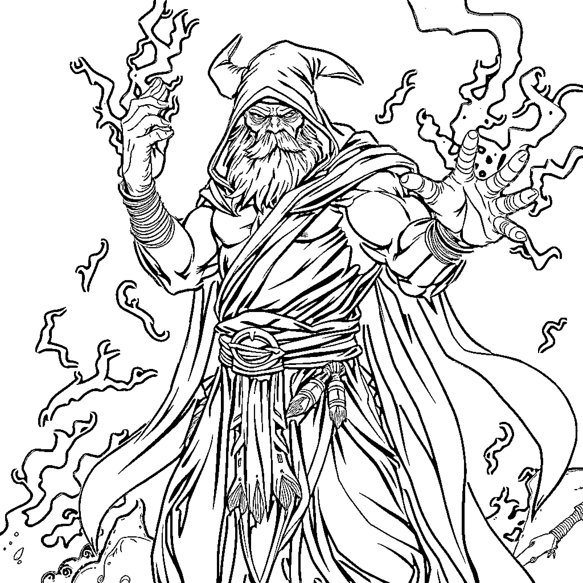 Warlock summoning mystical energy and power Coloring Page (free black-and-white line drawing printable PDF for all, from beginners to advanced learners, including children, teens, adults, and seniors)