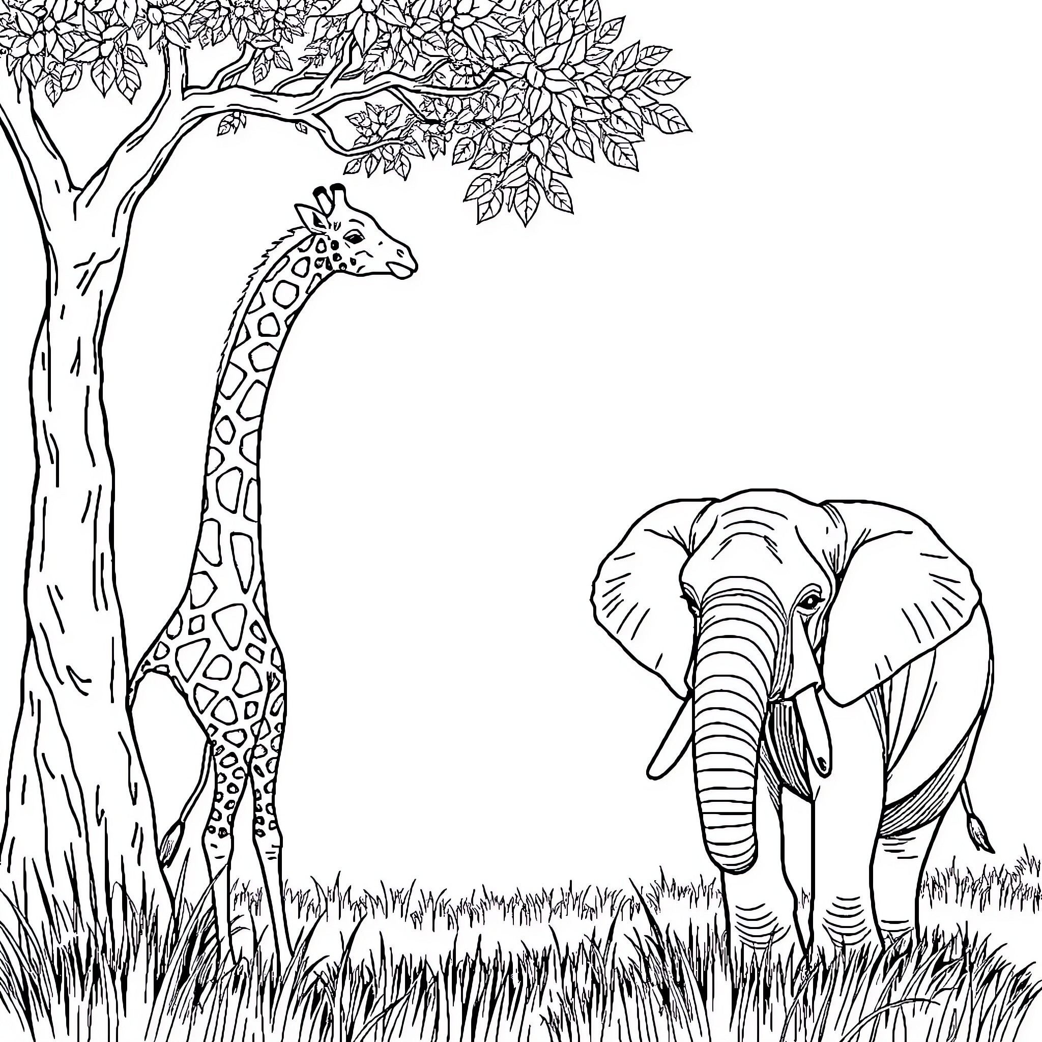 Giraffe and Elephant in Lush Jungle Coloring Page (free black-and-white line drawing printable PDF for all, from beginners to advanced learners, including children, teens, adults, and seniors)