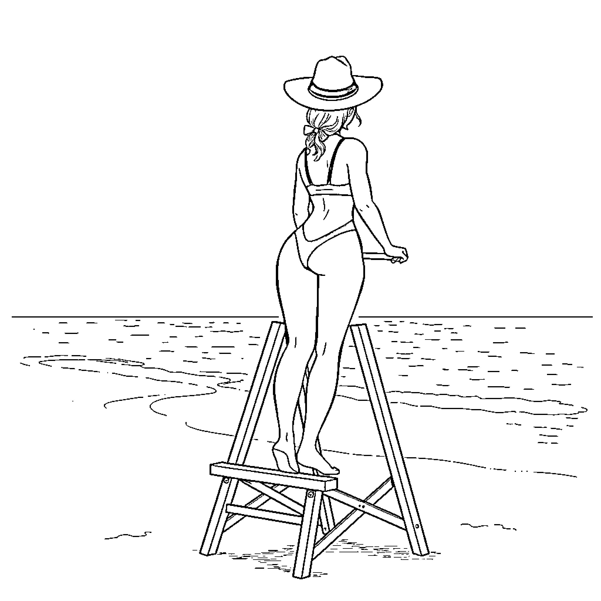 Lifeguard monitoring the beach from a lookout tower Coloring Page (free black-and-white line drawing printable PDF for all, from beginners to advanced learners, including children, teens, adults, and seniors)