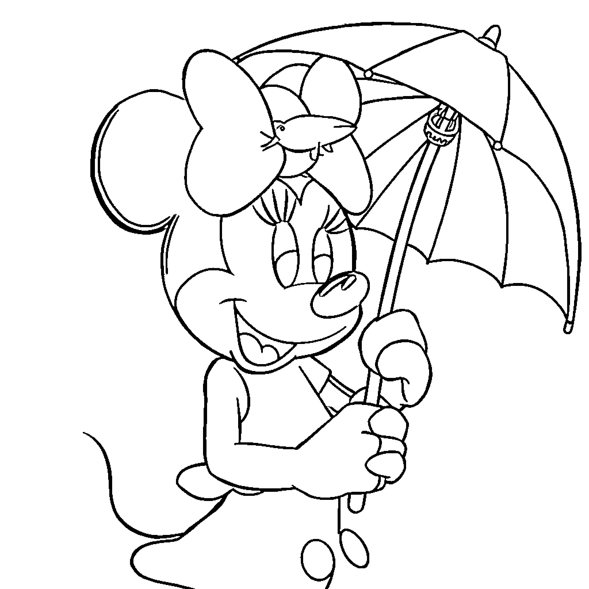 Minnie enjoying a rainy day with her umbrella Coloring Page (free black-and-white line drawing printable PDF for all, from beginners to advanced learners, including children, teens, adults, and seniors)