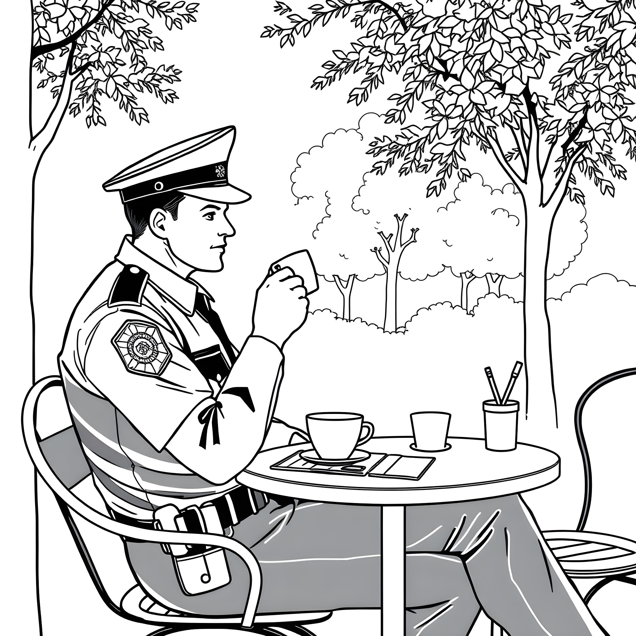 Cop enjoying a coffee break in the park Coloring Page (free black-and-white line drawing printable PDF for all, from beginners to advanced learners, including children, teens, adults, and seniors)
