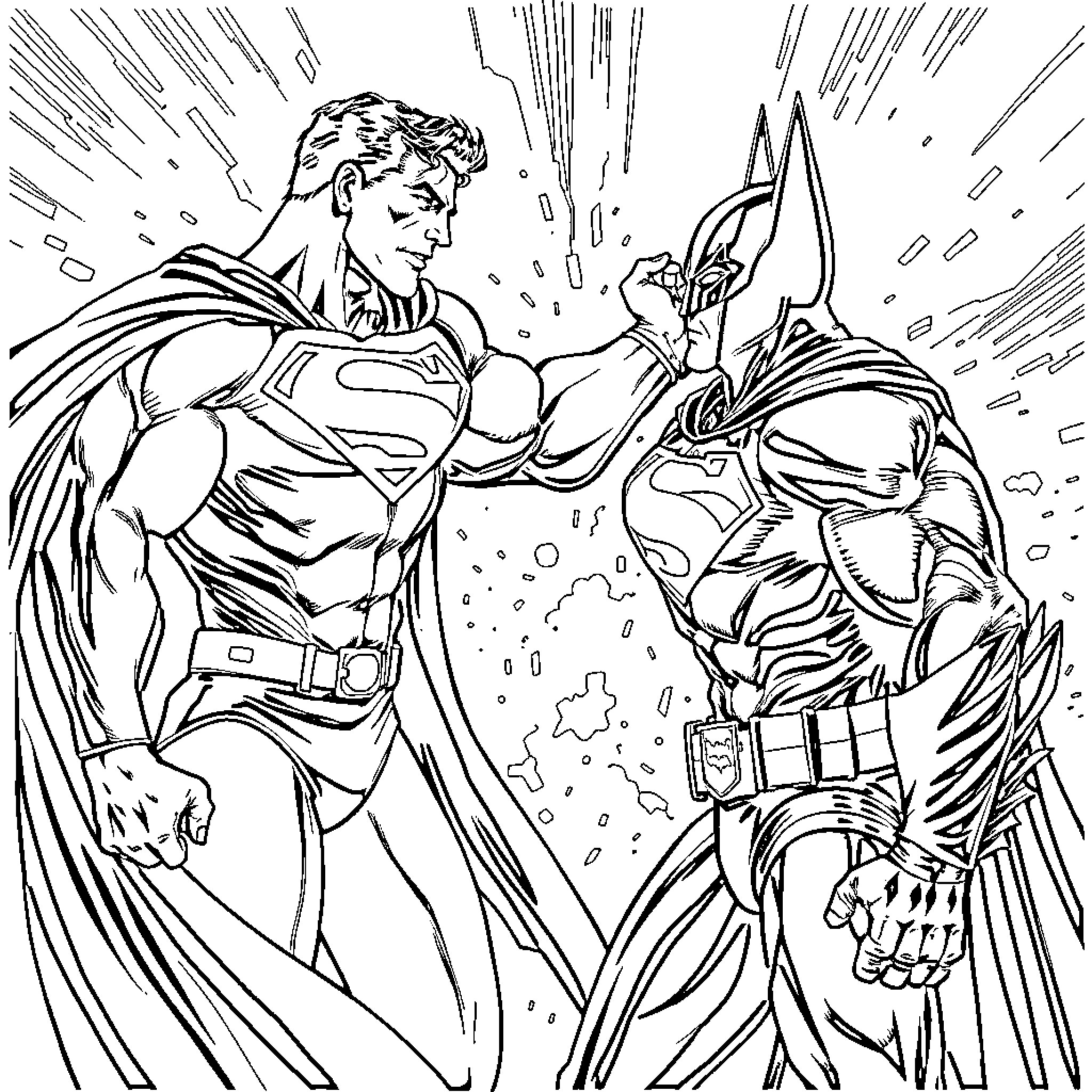 Superman and Batman in epic battle Coloring Page (free black-and-white line drawing printable PDF for all, from beginners to advanced learners, including children, teens, adults, and seniors)