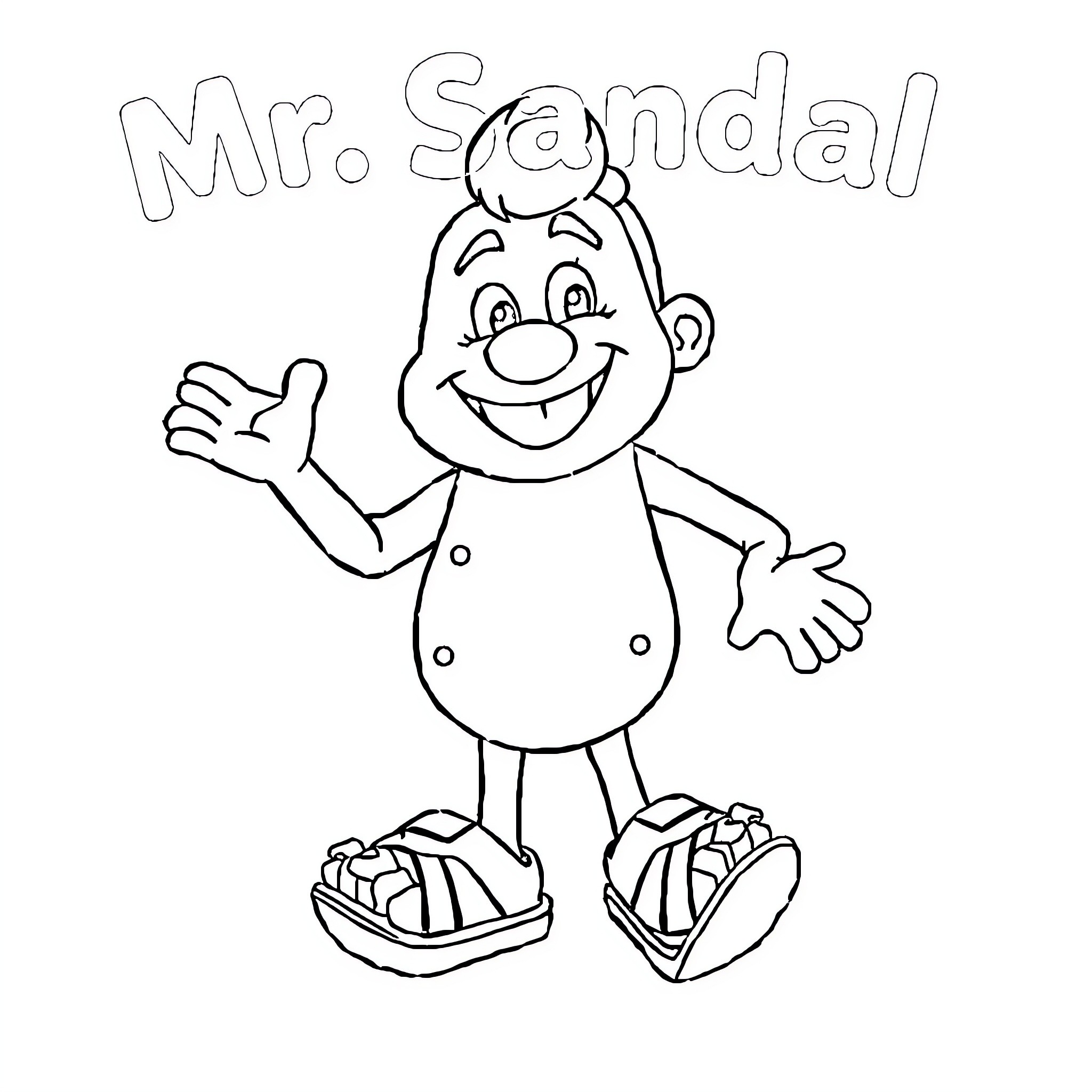 Sandal-wearing character with friendly expression Coloring Page (free black-and-white line drawing printable PDF for all, from beginners to advanced learners, including children, teens, adults, and seniors)