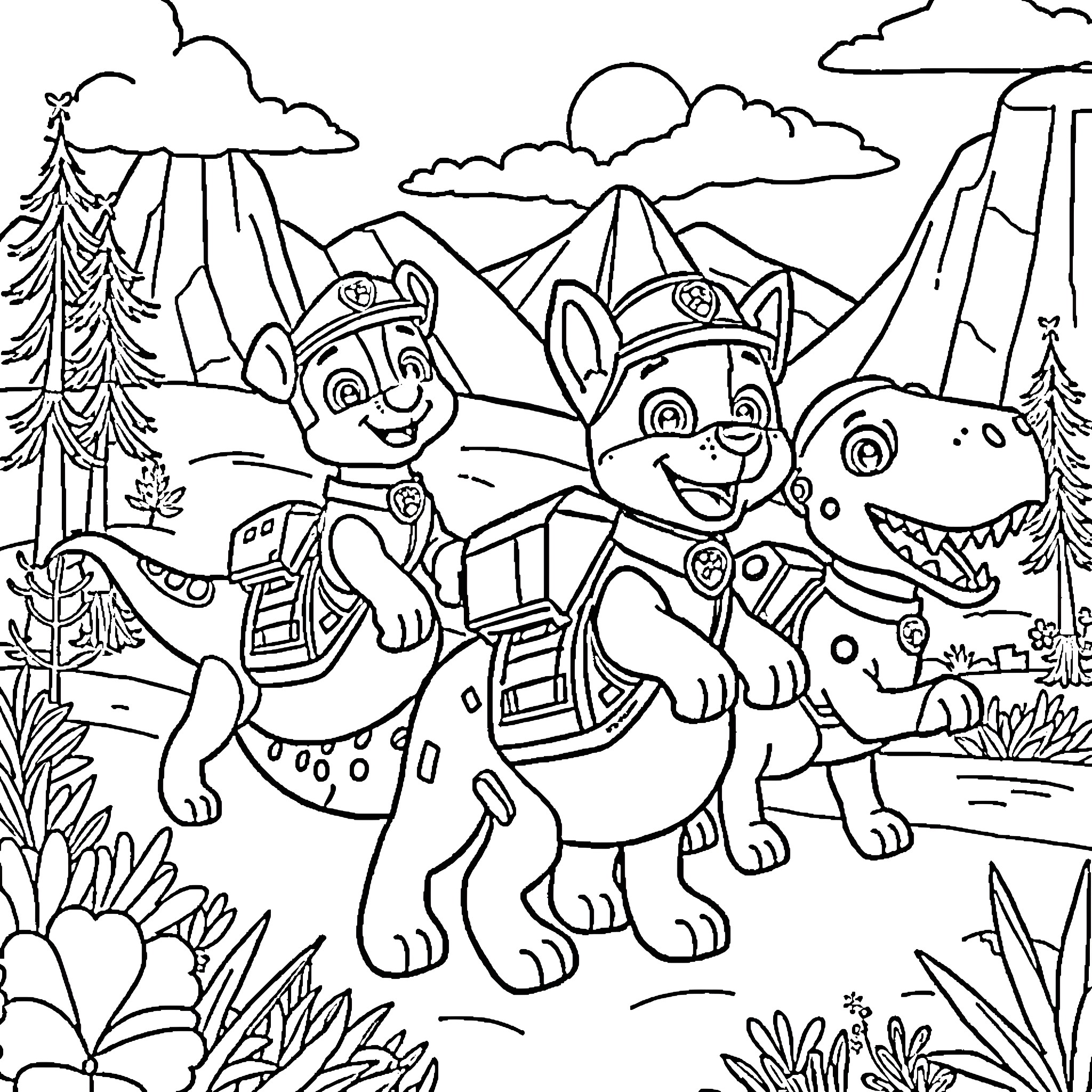Dog Team Exploring the Wilderness Coloring Page (free black-and-white line drawing printable PDF for all, from beginners to advanced learners, including children, teens, adults, and seniors)