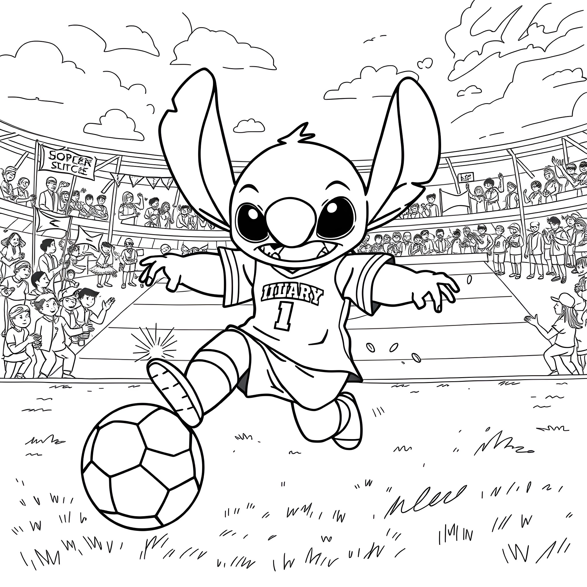 Stitch playing soccer in a stadium Coloring Page (free black-and-white line drawing printable PDF for all, from beginners to advanced learners, including children, teens, adults, and seniors)