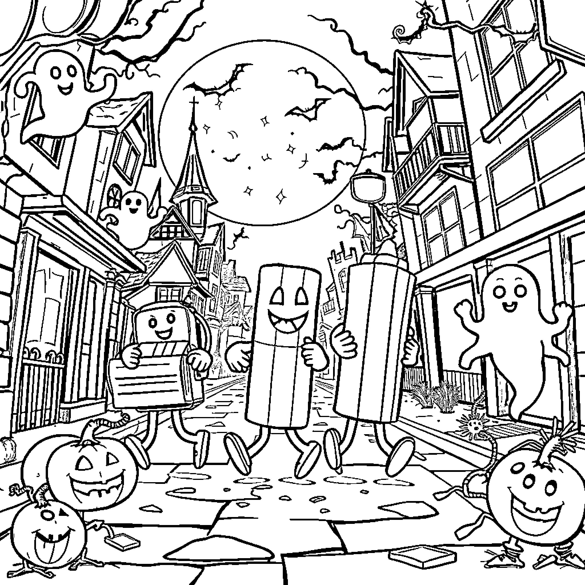School Supplies Trick-or-Treating on Halloween Night Coloring Page (free black-and-white line drawing printable PDF for all, from beginners to advanced learners, including children, teens, adults, and seniors)