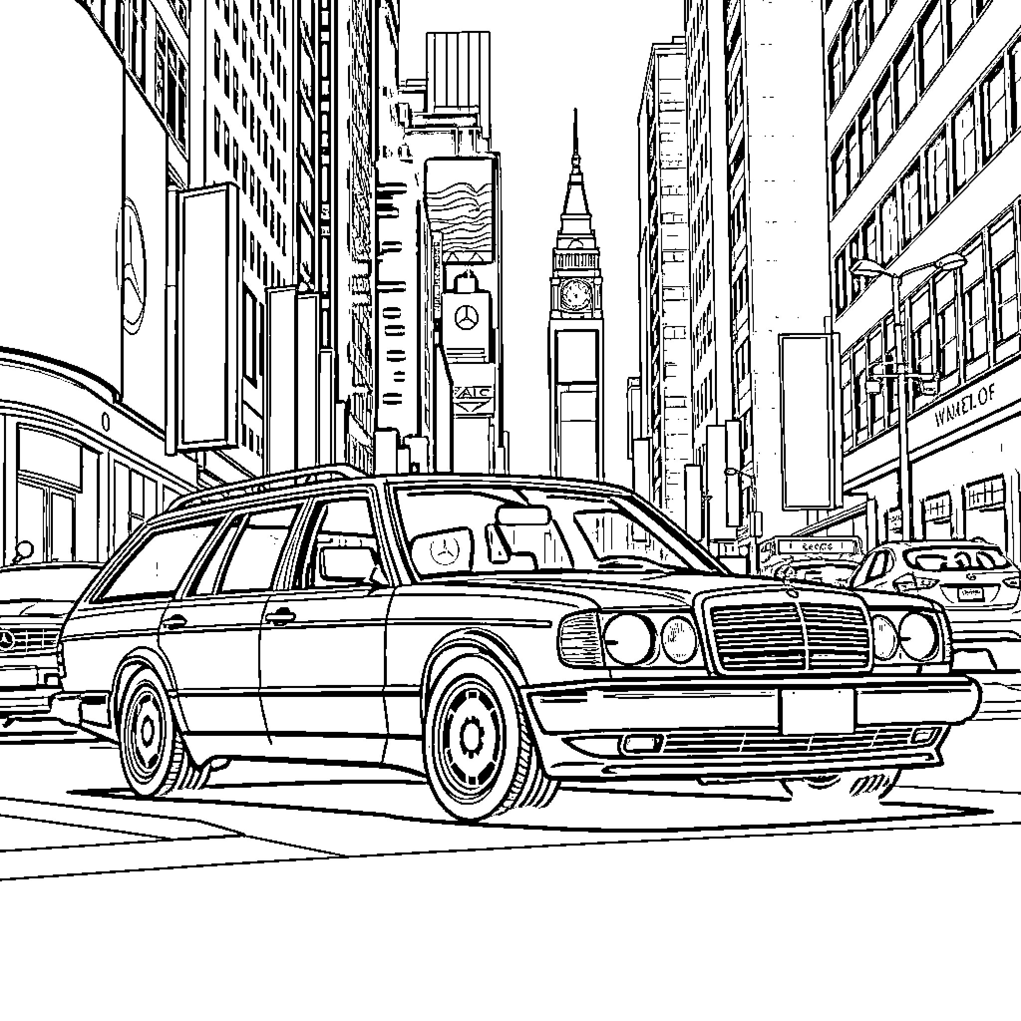 Mercedes wagon in bustling city street Coloring Page (free black-and-white line drawing printable PDF for all, from beginners to advanced learners, including children, teens, adults, and seniors)