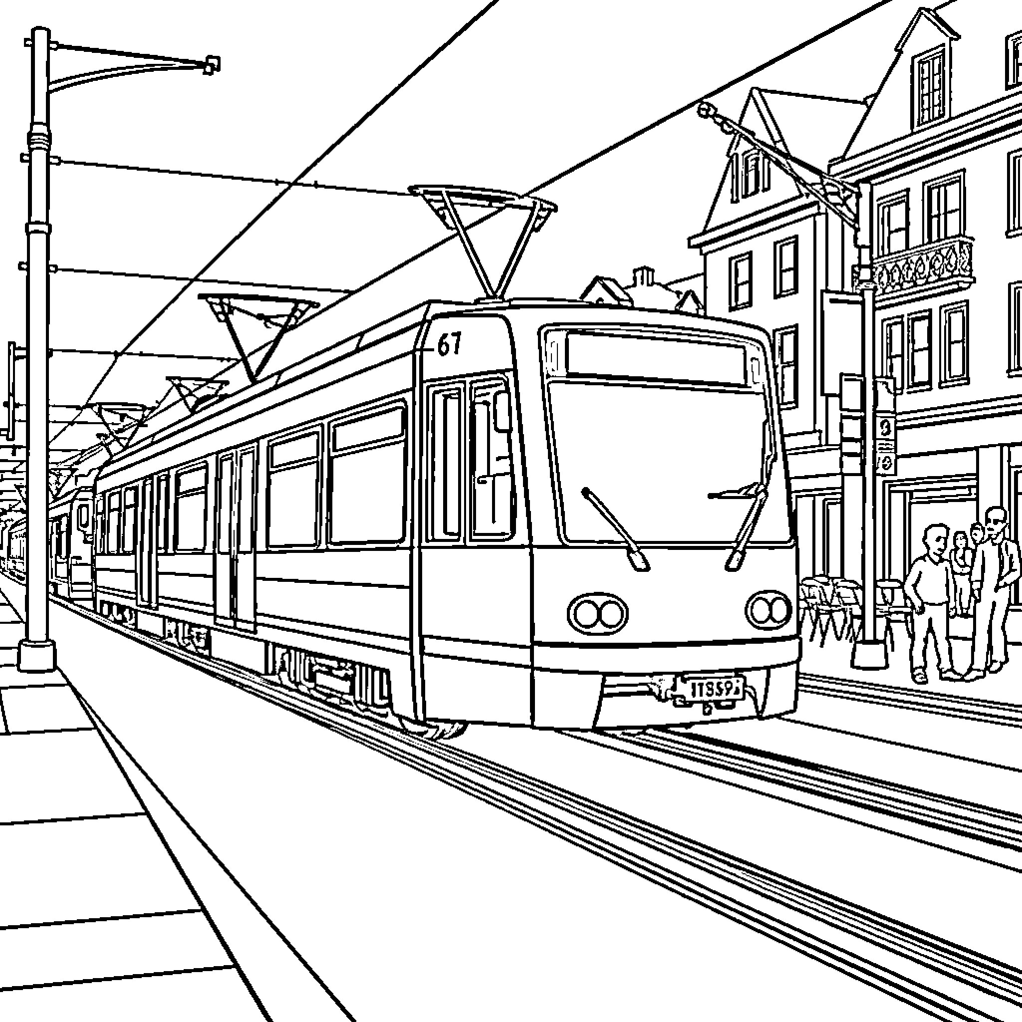 Tram moving through a city street with buildings Coloring Page (free black-and-white line drawing printable PDF for all, from beginners to advanced learners, including children, teens, adults, and seniors)