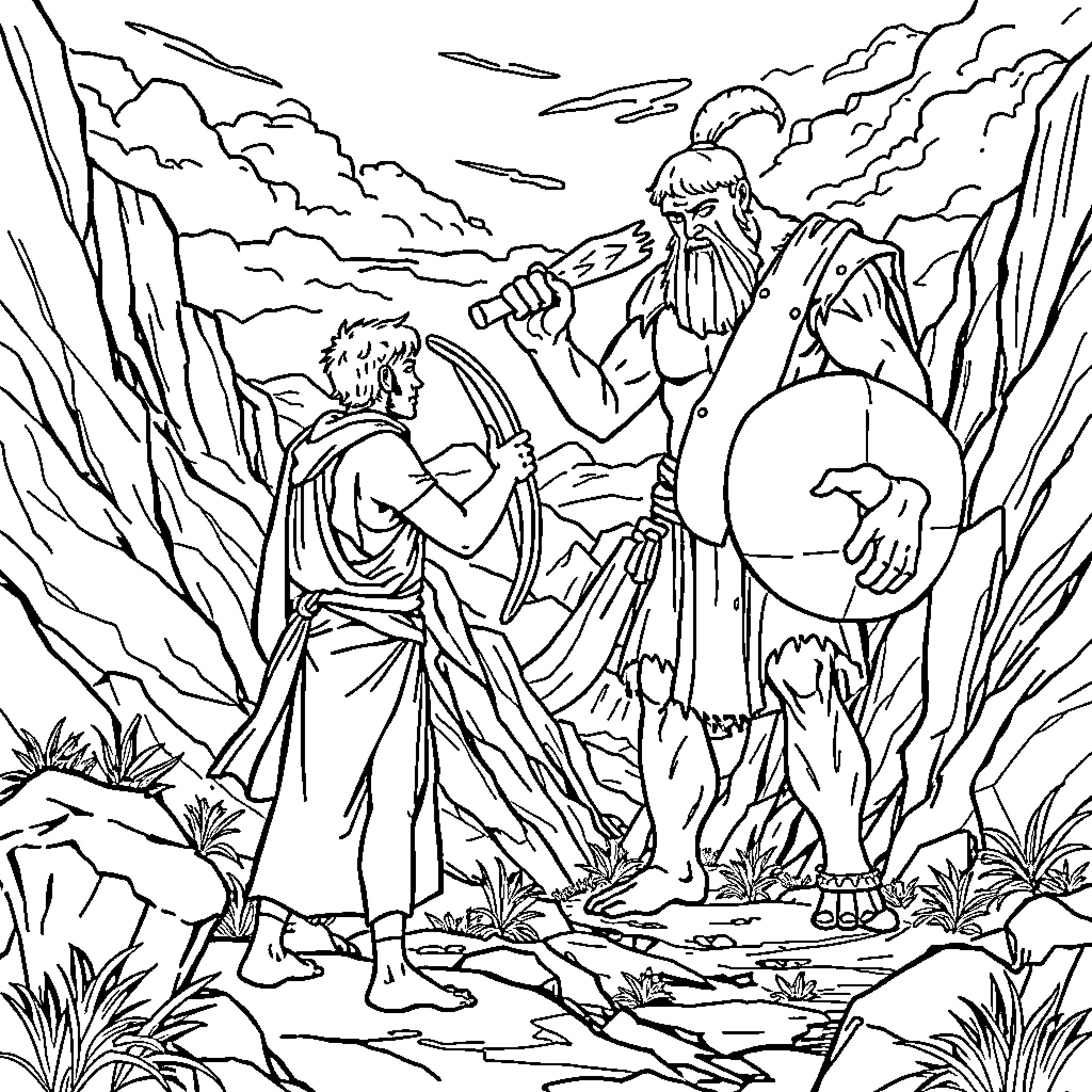 David confronts the mighty warrior with his slingshot Coloring Page (free black-and-white line drawing printable PDF for all, from beginners to advanced learners, including children, teens, adults, and seniors)