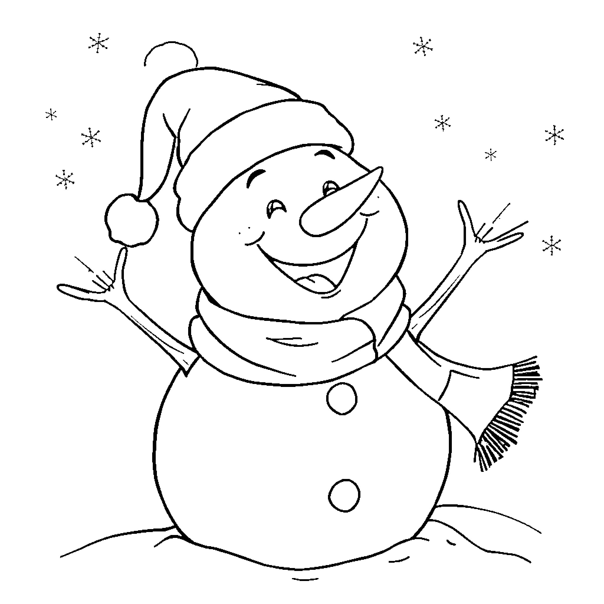 Snowman Waving Joyfully in Snowy Scene Coloring Page (free black-and-white line drawing printable PDF for all, from beginners to advanced learners, including children, teens, adults, and seniors)