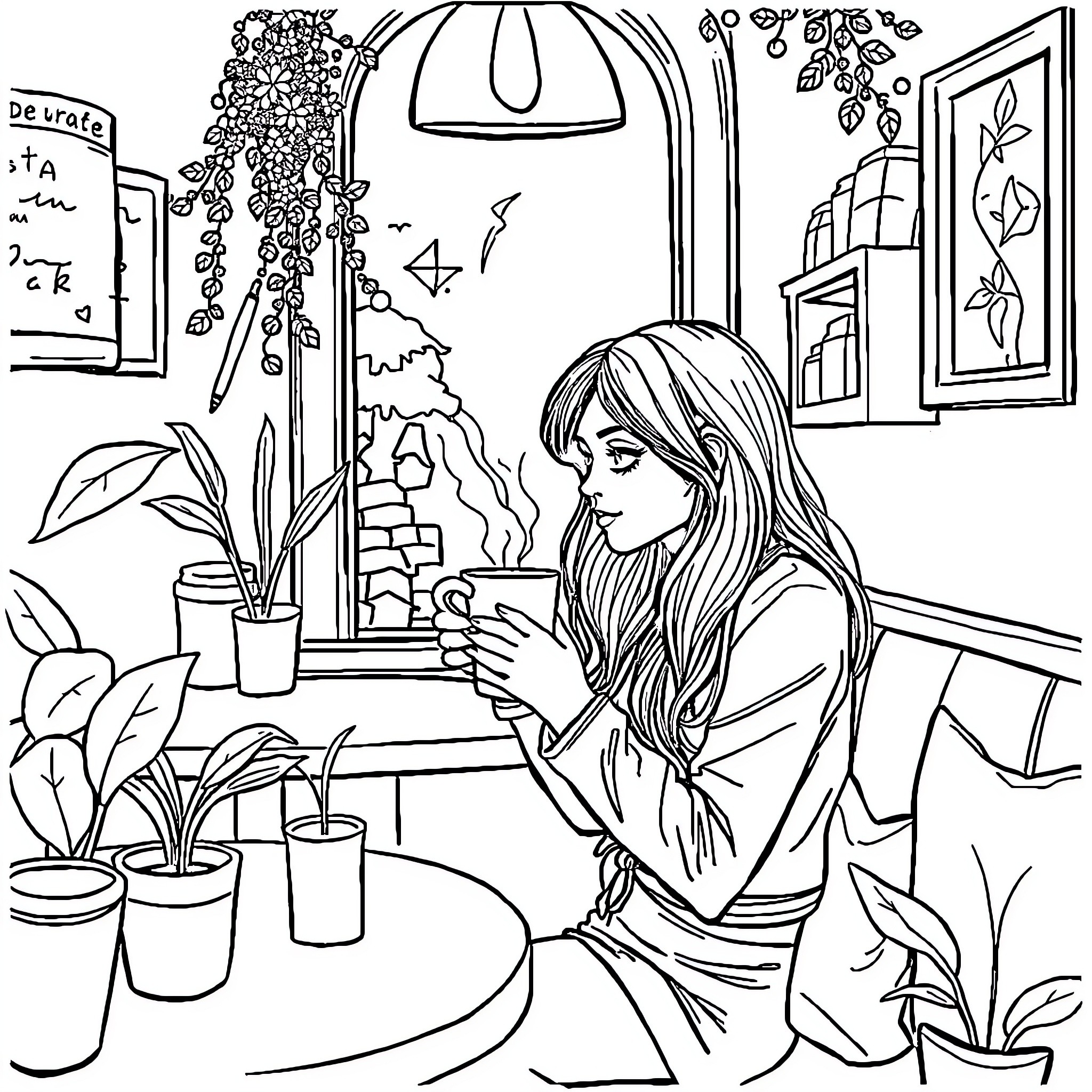 Sp' Woman Relaxing in Cozy Home Environment Coloring Page (free black-and-white line drawing printable PDF for all, from beginners to advanced learners, including children, teens, adults, and seniors)