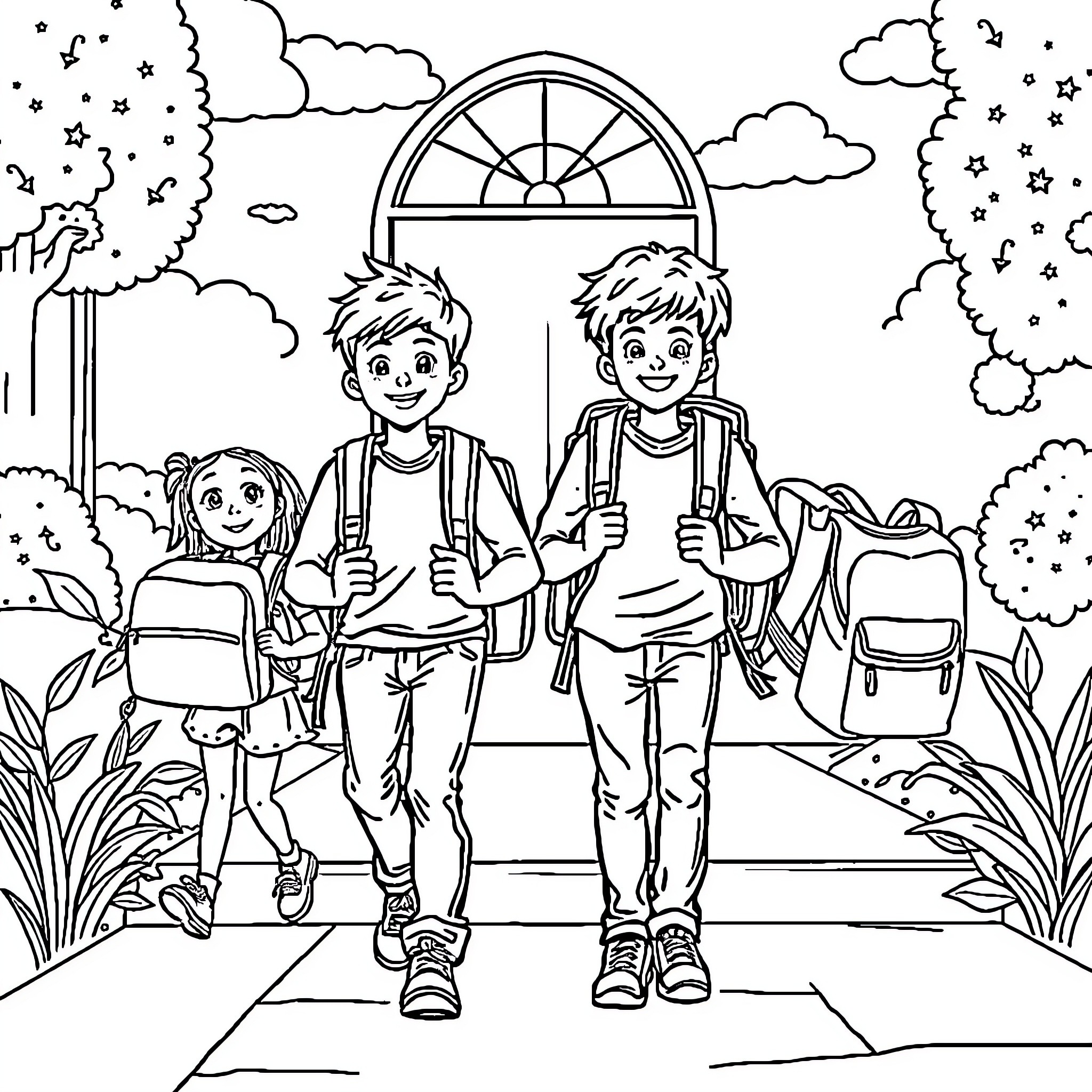 School students walking happily outdoors Coloring Page (free black-and-white line drawing printable PDF for all, from beginners to advanced learners, including children, teens, adults, and seniors)