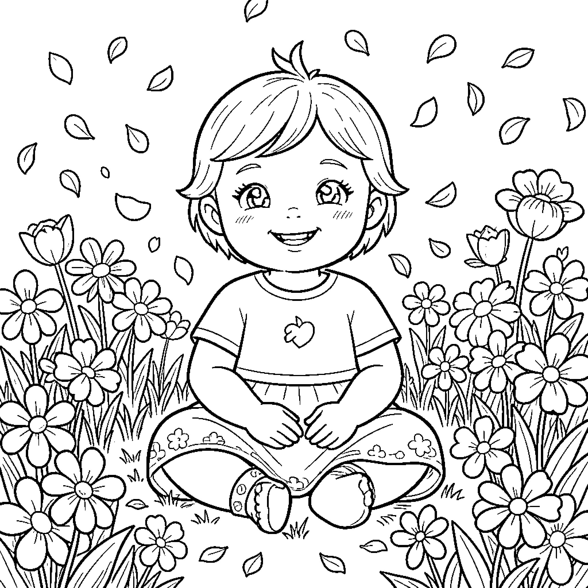 Babygirl sitting in a flower garden Coloring Page (free black-and-white line drawing printable PDF for all, from beginners to advanced learners, including children, teens, adults, and seniors)