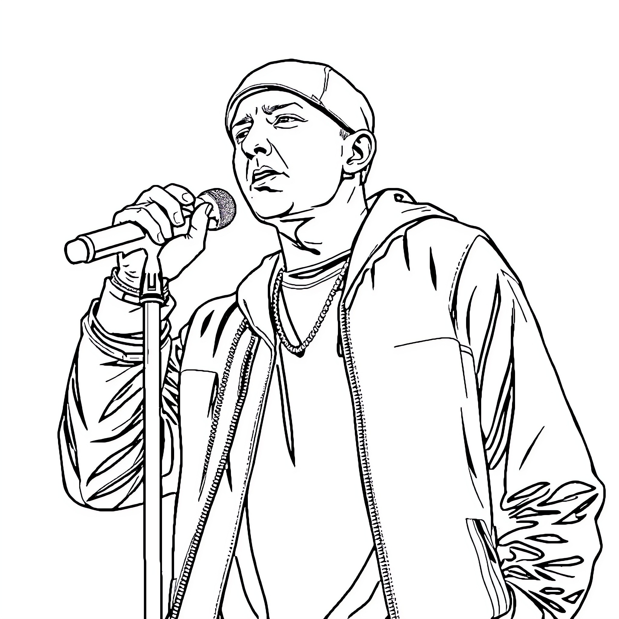 Eminem Performing on Stage with Intensity Coloring Page (free black-and-white line drawing printable PDF for all, from beginners to advanced learners, including children, teens, adults, and seniors)
