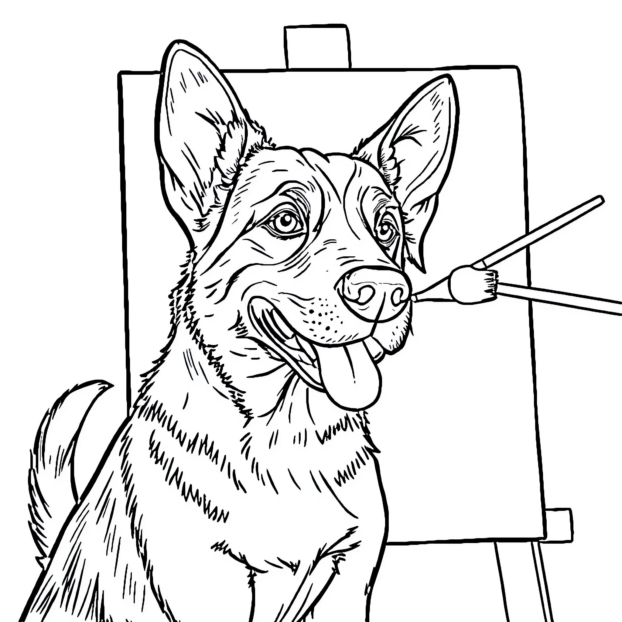 Beagle painting a masterpiece on an easel Coloring Page (free black-and-white line drawing printable PDF for all, from beginners to advanced learners, including children, teens, adults, and seniors)