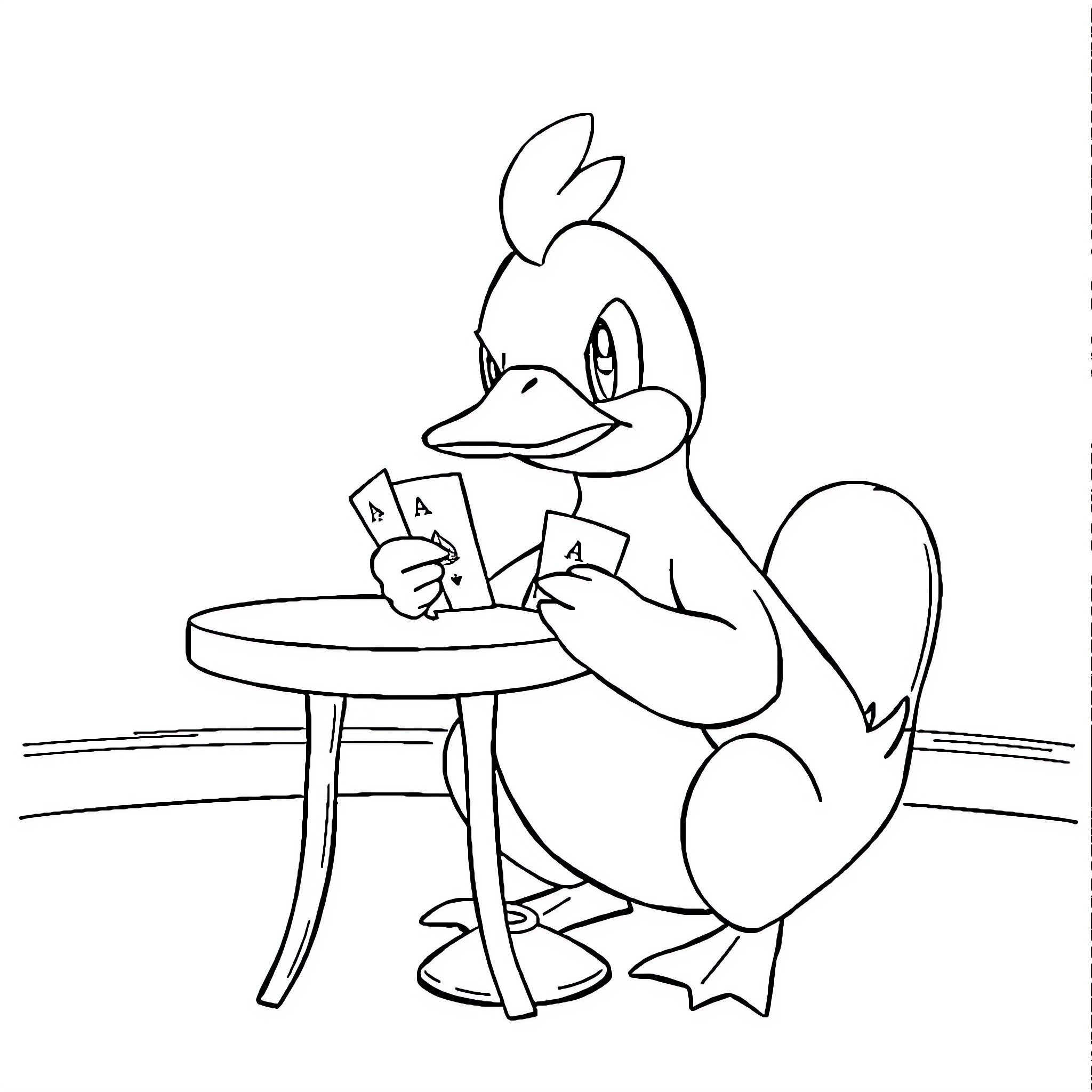 Psyduck playing cards at a table Coloring Page (free black-and-white line drawing printable PDF for all, from beginners to advanced learners, including children, teens, adults, and seniors)