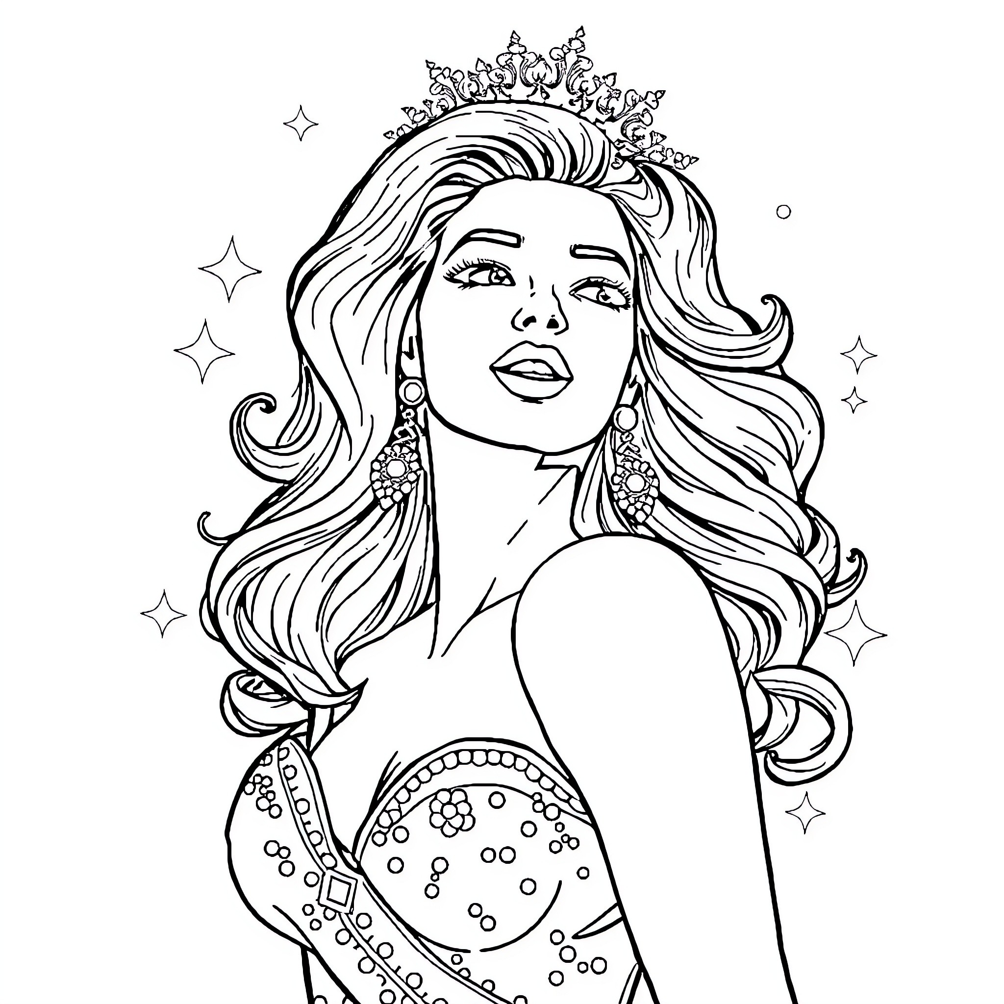 Marina Diamandis in Glamorous Star-Studded Attire Coloring Page (free black-and-white line drawing printable PDF for all, from beginners to advanced learners, including children, teens, adults, and seniors)