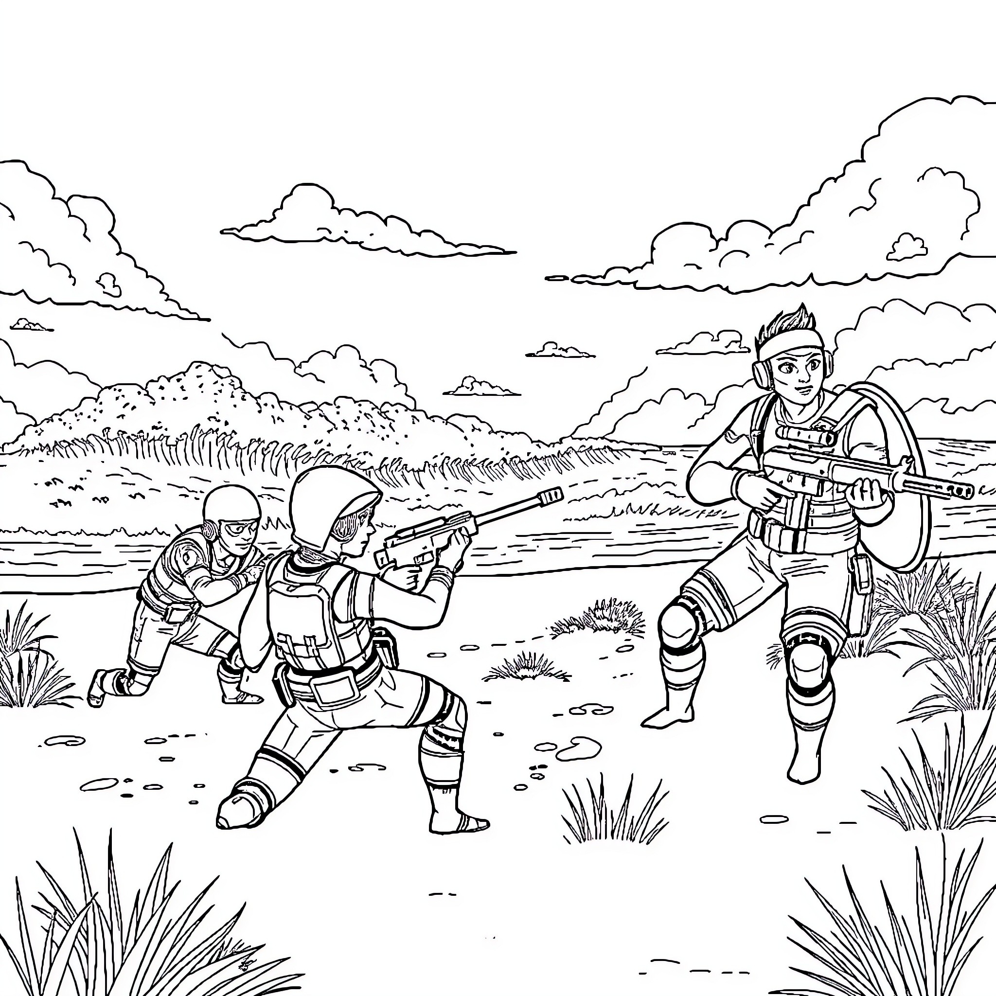 Fortnite characters engaging in armed combat in a rural landscape Coloring Page (free black-and-white line drawing printable PDF for all, from beginners to advanced learners, including children, teens, adults, and seniors)