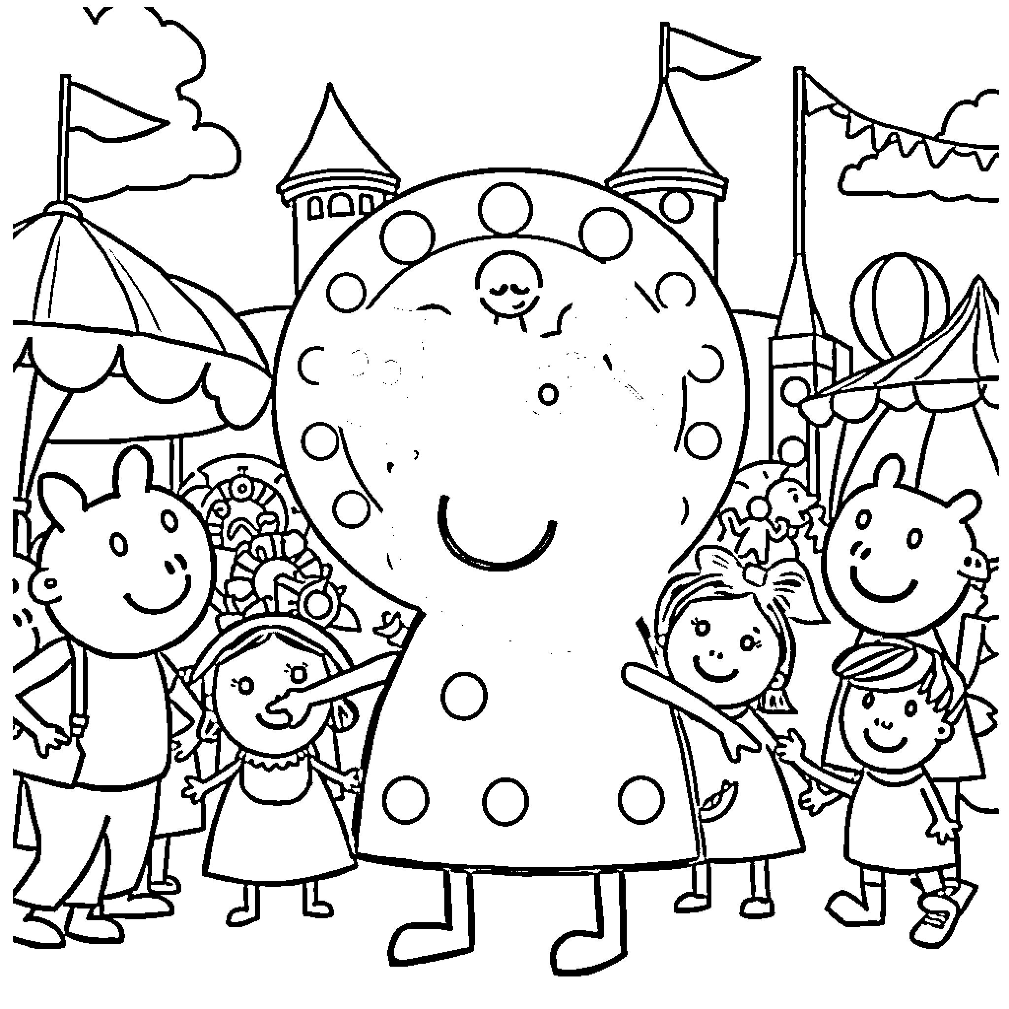 Peppa Pig and friends enjoying a day at the amusement park Coloring Page (free black-and-white line drawing printable PDF for all, from beginners to advanced learners, including children, teens, adults, and seniors)