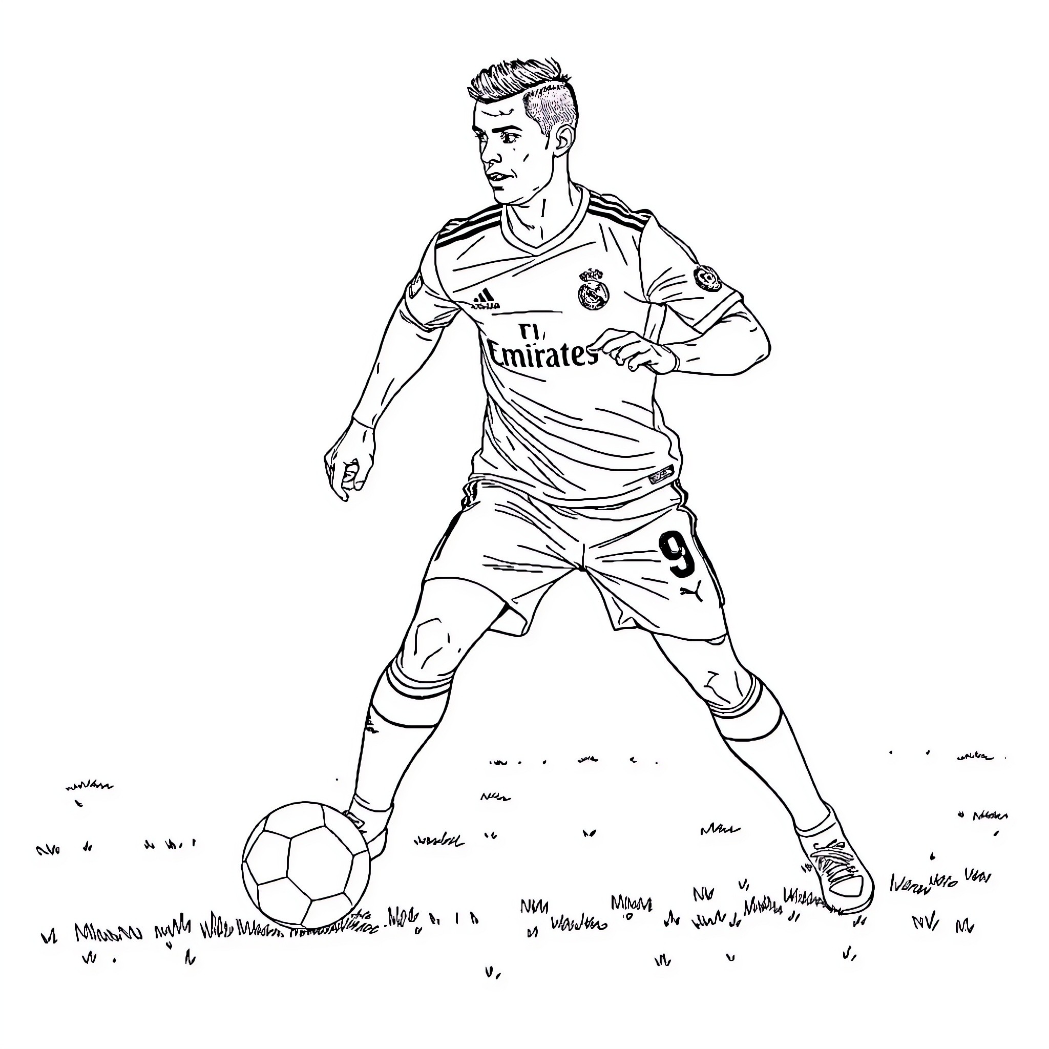 Cristiano Ronaldo playing soccer in white uniform Coloring Page (free black-and-white line drawing printable PDF for all, from beginners to advanced learners, including children, teens, adults, and seniors)