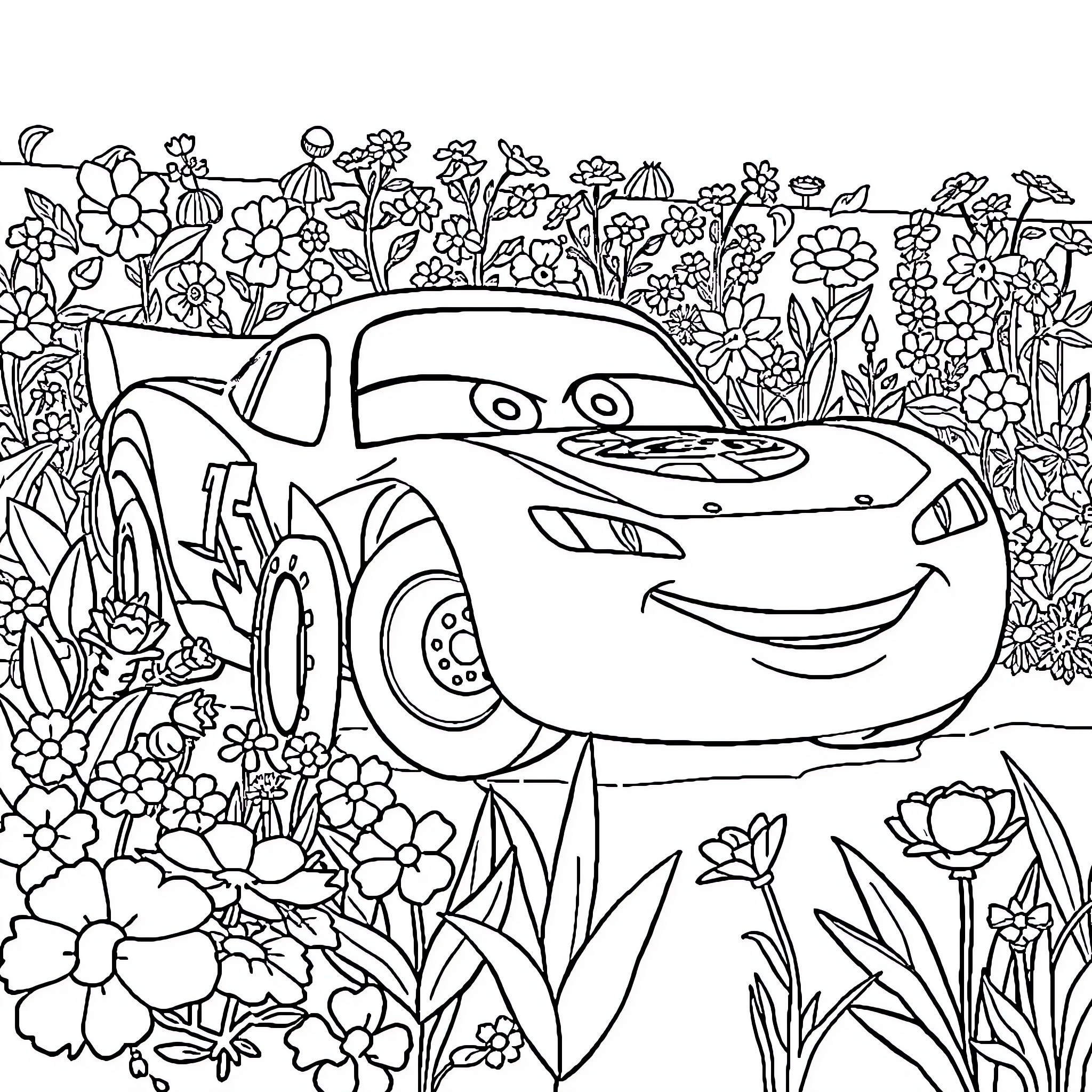 Lightning McQueen surrounded by vibrant flora Coloring Page (free black-and-white line drawing printable PDF for all, from beginners to advanced learners, including children, teens, adults, and seniors)