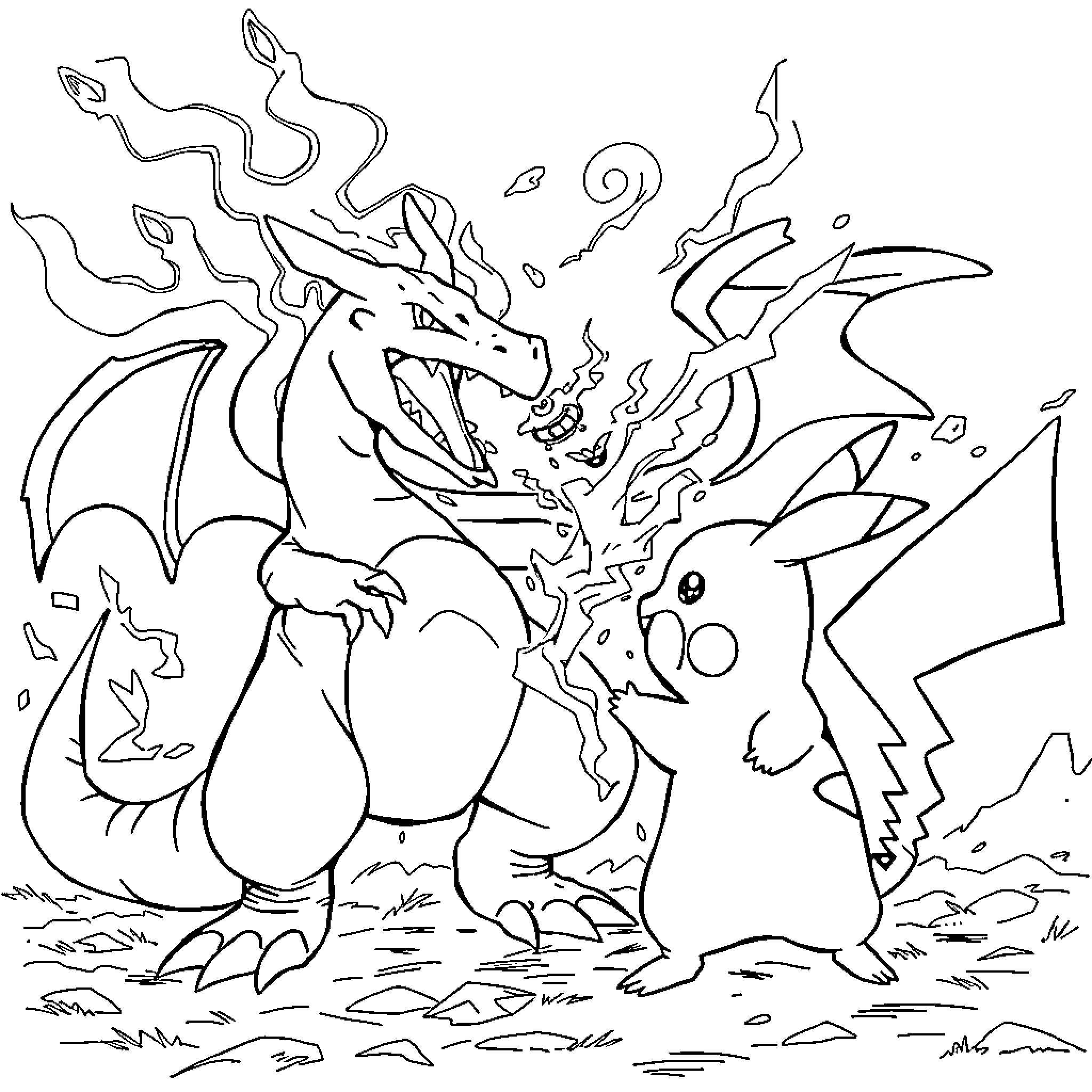 Charizard and Pikachu in epic battle Coloring Page (free black-and-white line drawing printable PDF for all, from beginners to advanced learners, including children, teens, adults, and seniors)