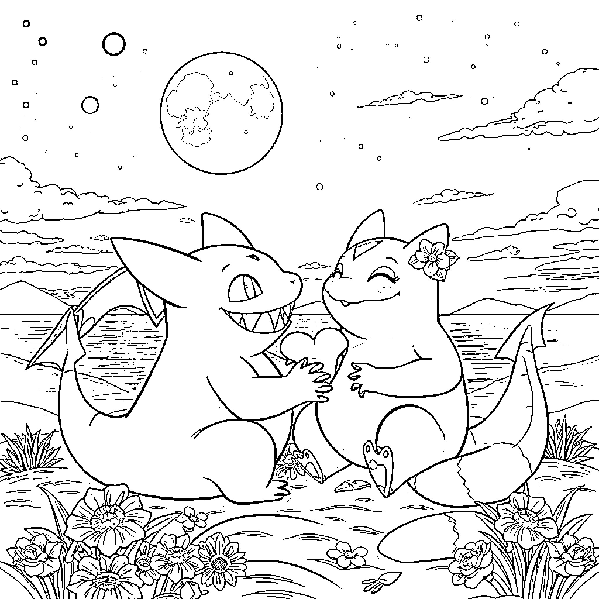 Gengar and a friend enjoying a night under the stars Coloring Page (free black-and-white line drawing printable PDF for all, from beginners to advanced learners, including children, teens, adults, and seniors)