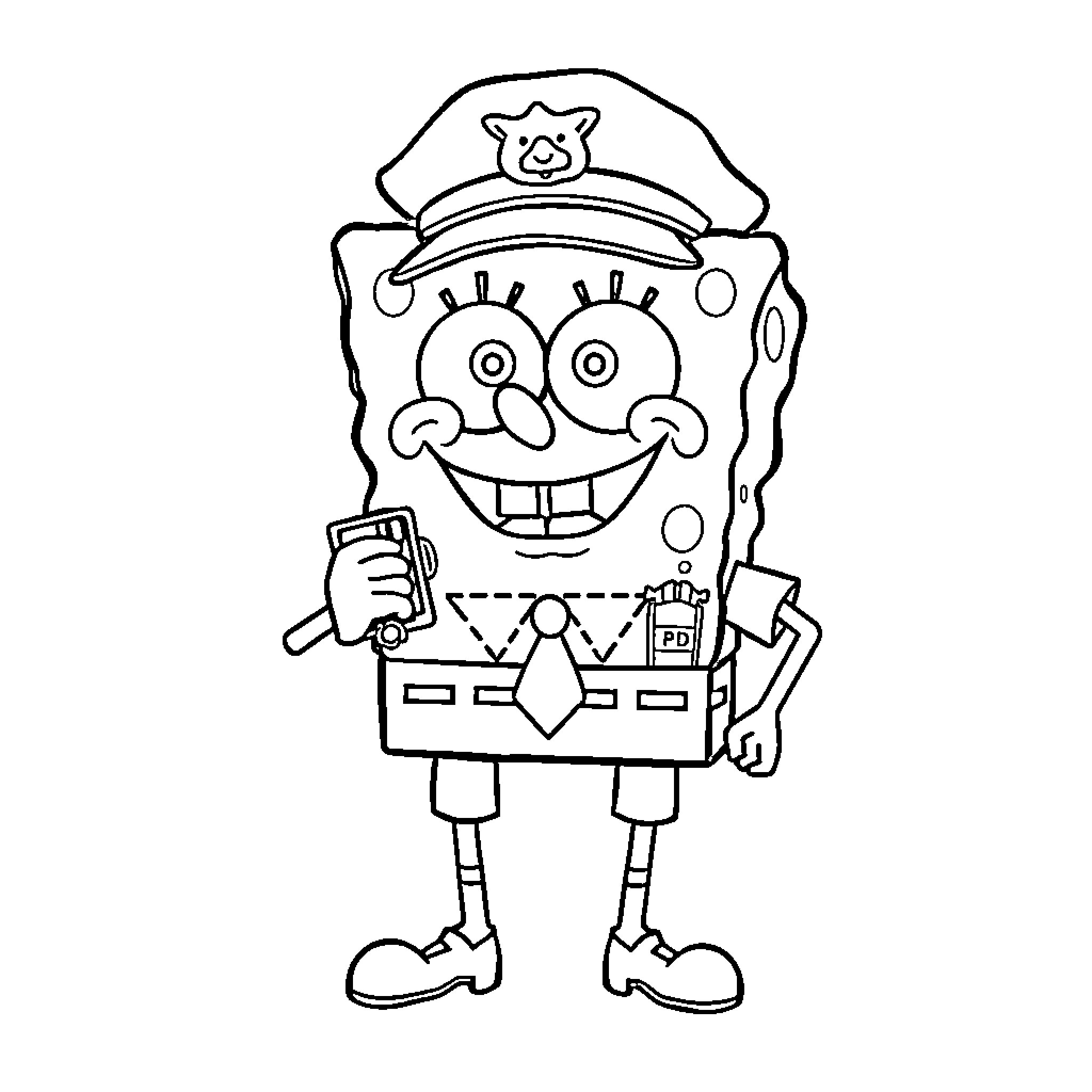 Spongebob as a Policeman with Silly Expression Coloring Page (free black-and-white line drawing printable PDF for all, from beginners to advanced learners, including children, teens, adults, and seniors)