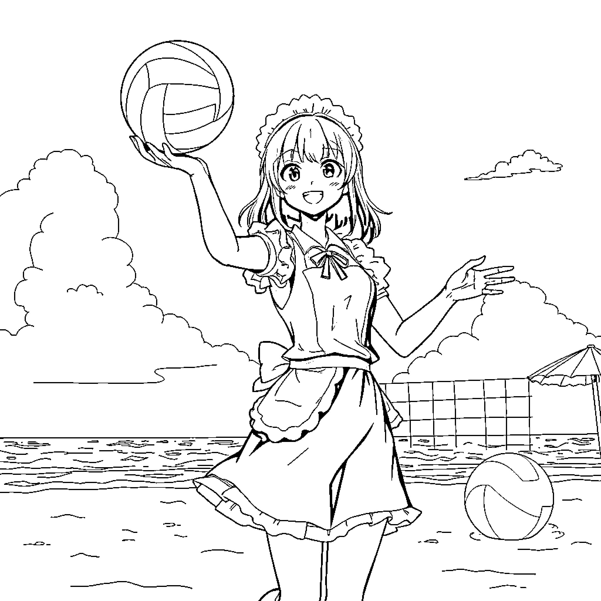 Maid playing cheerfully with volleyball on the beach Coloring Page (free black-and-white line drawing printable PDF for all, from beginners to advanced learners, including children, teens, adults, and seniors)