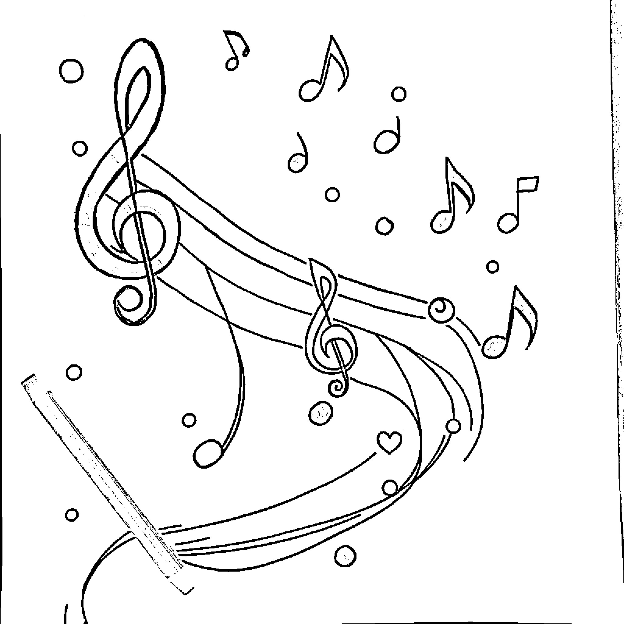 Music Notes Dancing in the Air Coloring Page (free black-and-white line drawing printable PDF for all, from beginners to advanced learners, including children, teens, adults, and seniors)