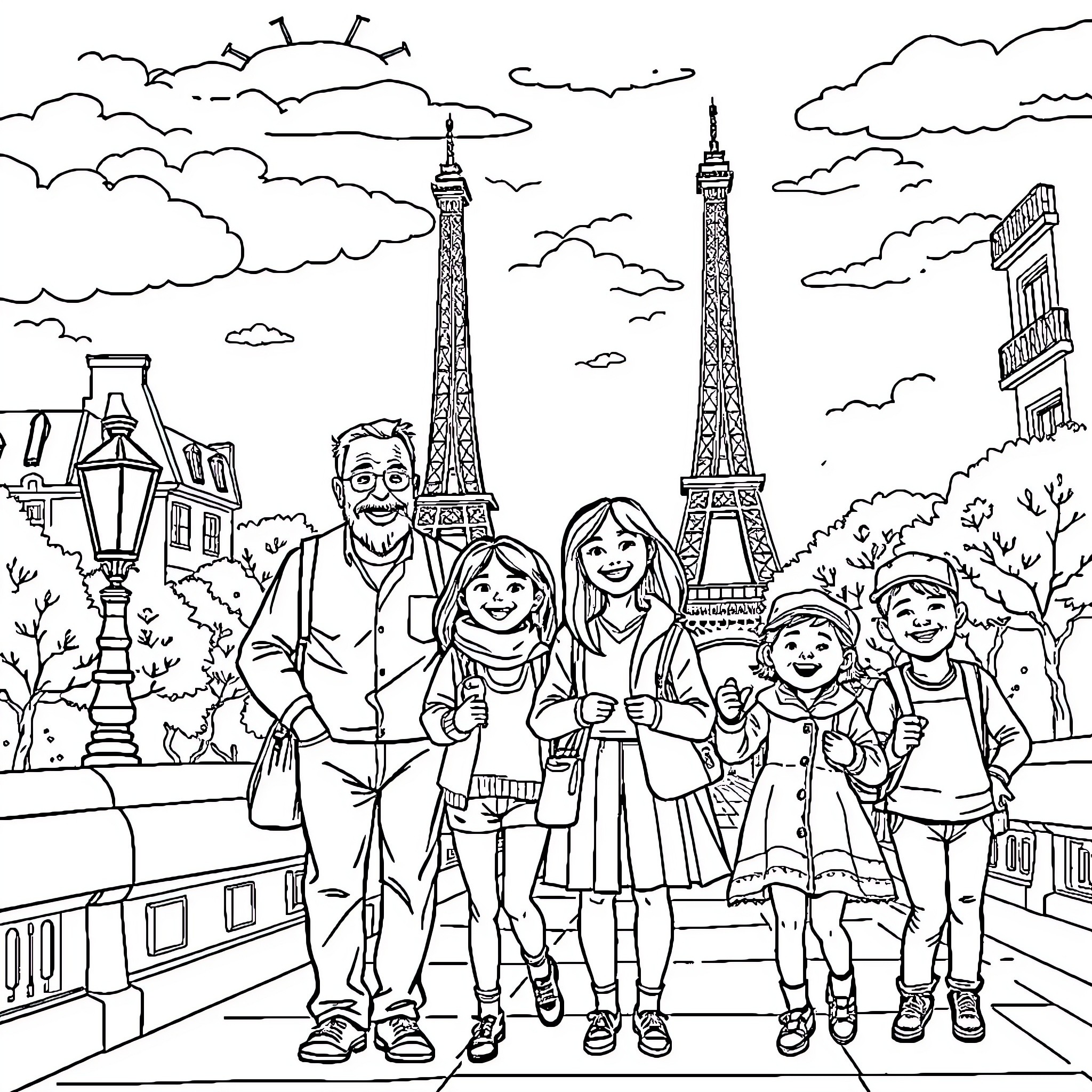 Family Enjoying a Scenic Parisian Adventure Coloring Page (free black-and-white line drawing printable PDF for all, from beginners to advanced learners, including children, teens, adults, and seniors)