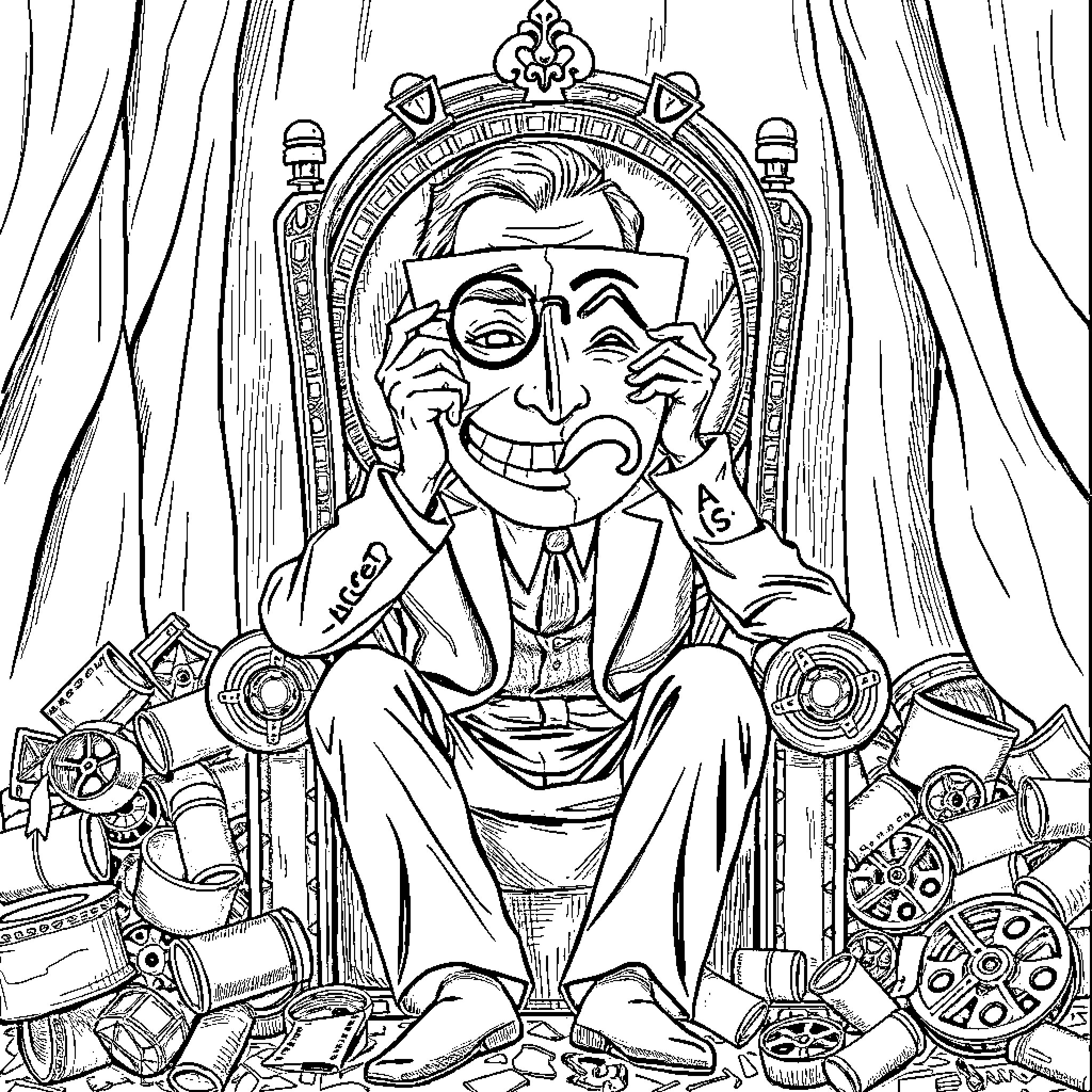 Man seated in ornate chair with mischievous expression Coloring Page (free black-and-white line drawing printable PDF for all, from beginners to advanced learners, including children, teens, adults, and seniors)