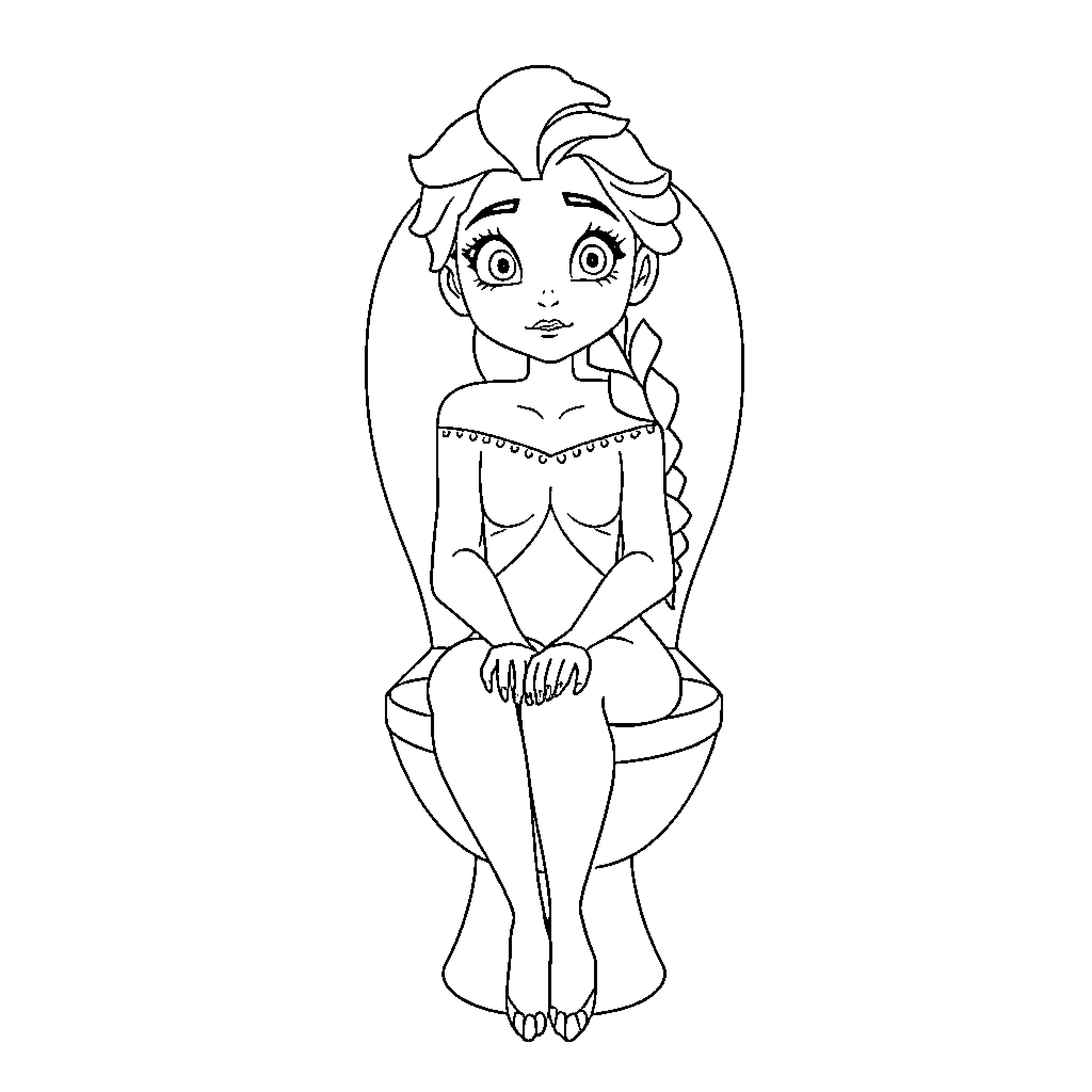 Elsa sitting with a thoughtful expression Coloring Page (free black-and-white line drawing printable PDF for all, from beginners to advanced learners, including children, teens, adults, and seniors)