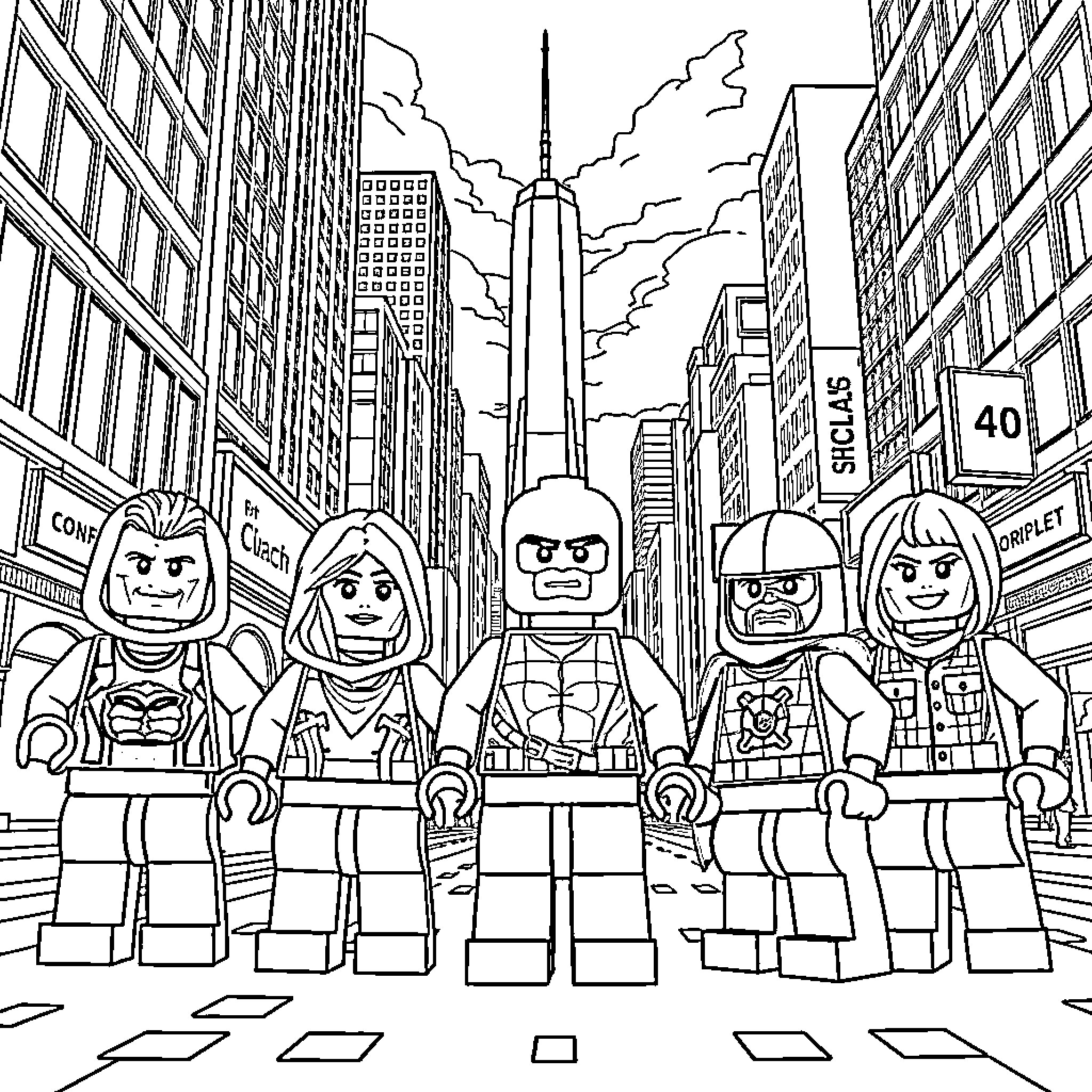 Heroes saving the city in action Coloring Page (free black-and-white line drawing printable PDF for all, from beginners to advanced learners, including children, teens, adults, and seniors)