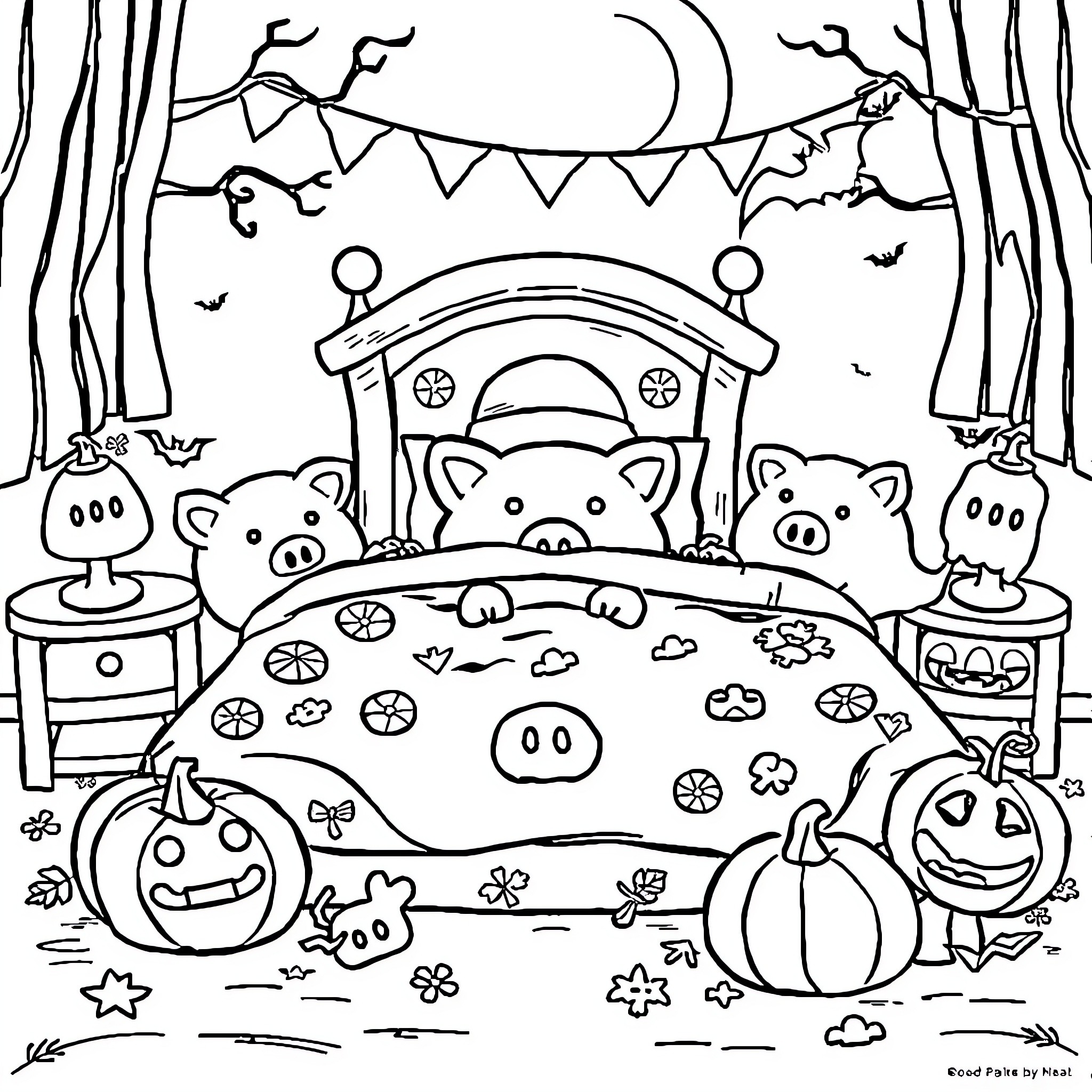 Piggy Bank Halloween Scene with Decorations Coloring Page (free black-and-white line drawing printable PDF for all, from beginners to advanced learners, including children, teens, adults, and seniors)