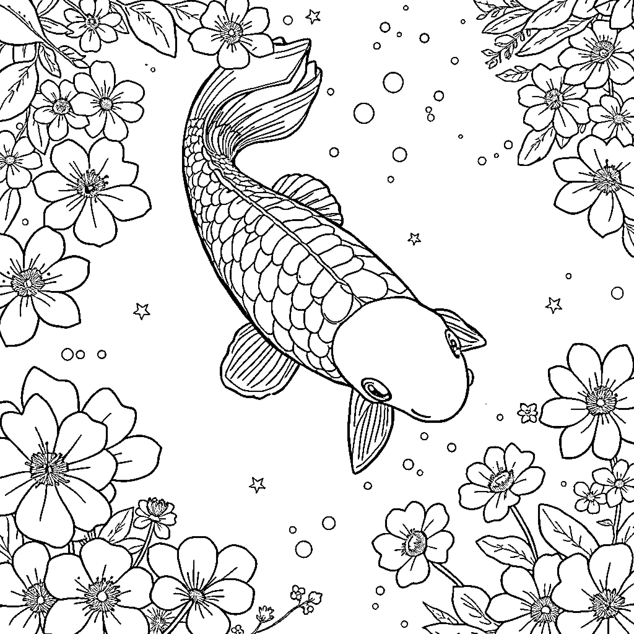Koi swimming amidst blooming flowers Coloring Page (free black-and-white line drawing printable PDF for all, from beginners to advanced learners, including children, teens, adults, and seniors)