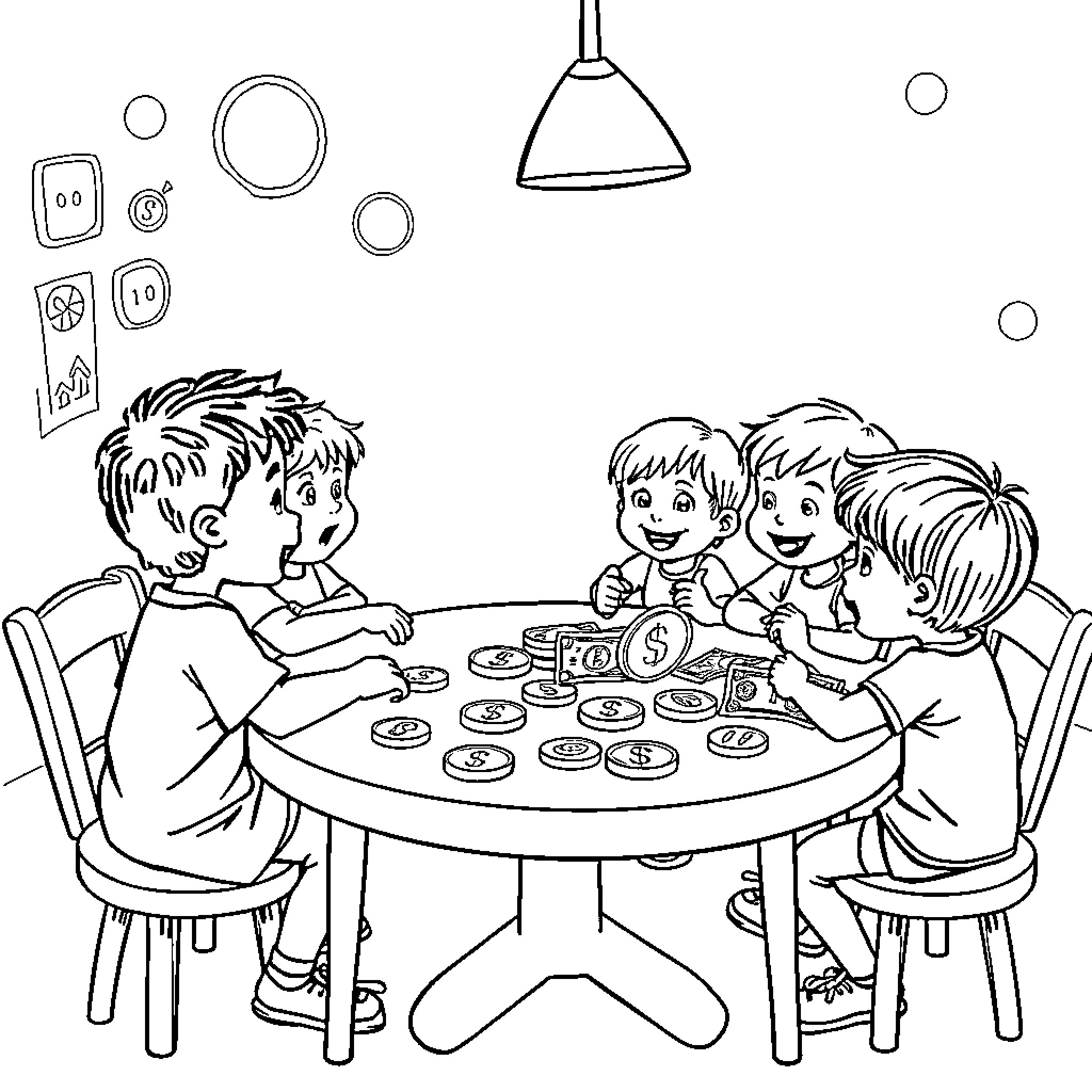 Kid enjoying snacks with friends at table Coloring Page (free black-and-white line drawing printable PDF for all, from beginners to advanced learners, including children, teens, adults, and seniors)
