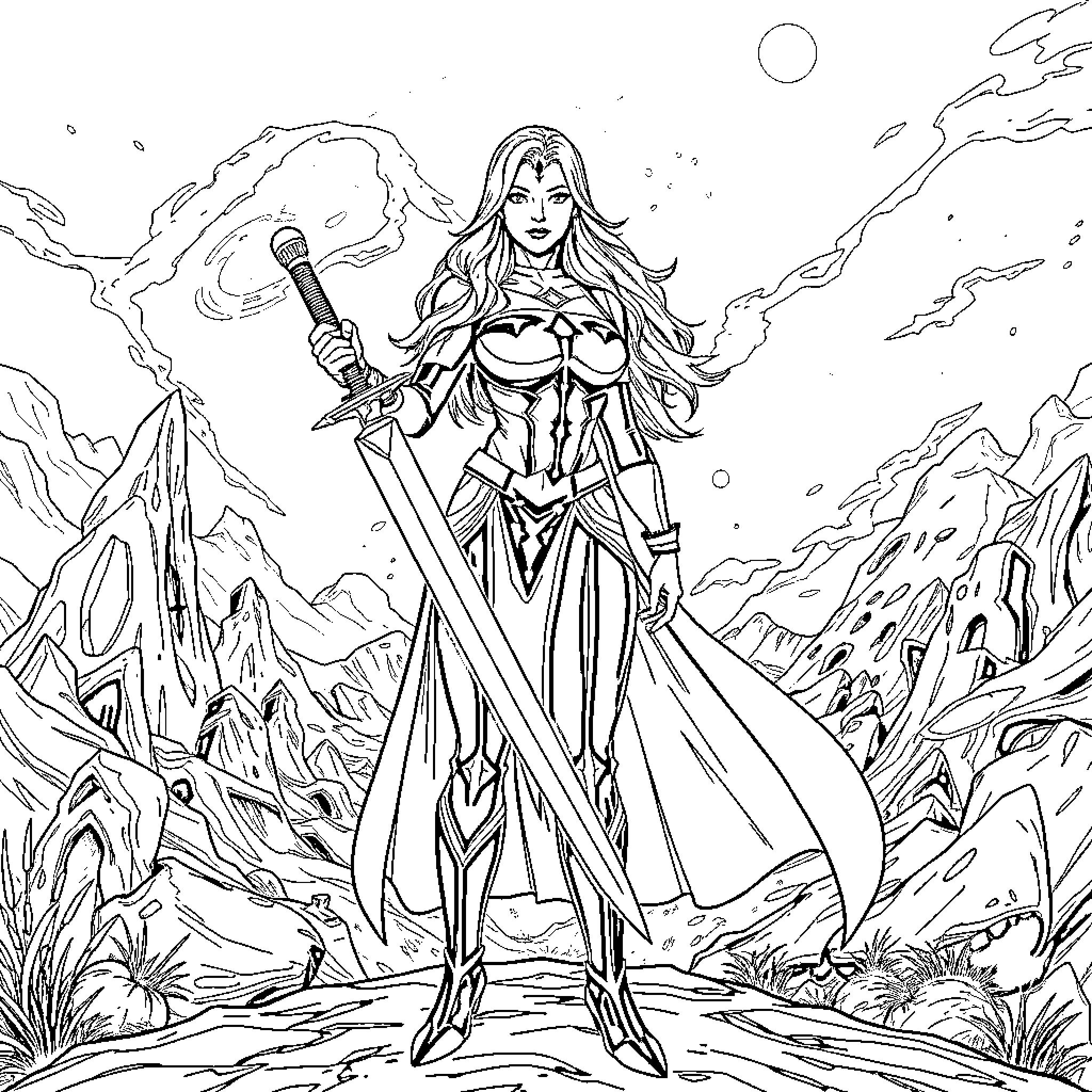 Magik warrior stands amidst fantastical landscape Coloring Page (free black-and-white line drawing printable PDF for all, from beginners to advanced learners, including children, teens, adults, and seniors)