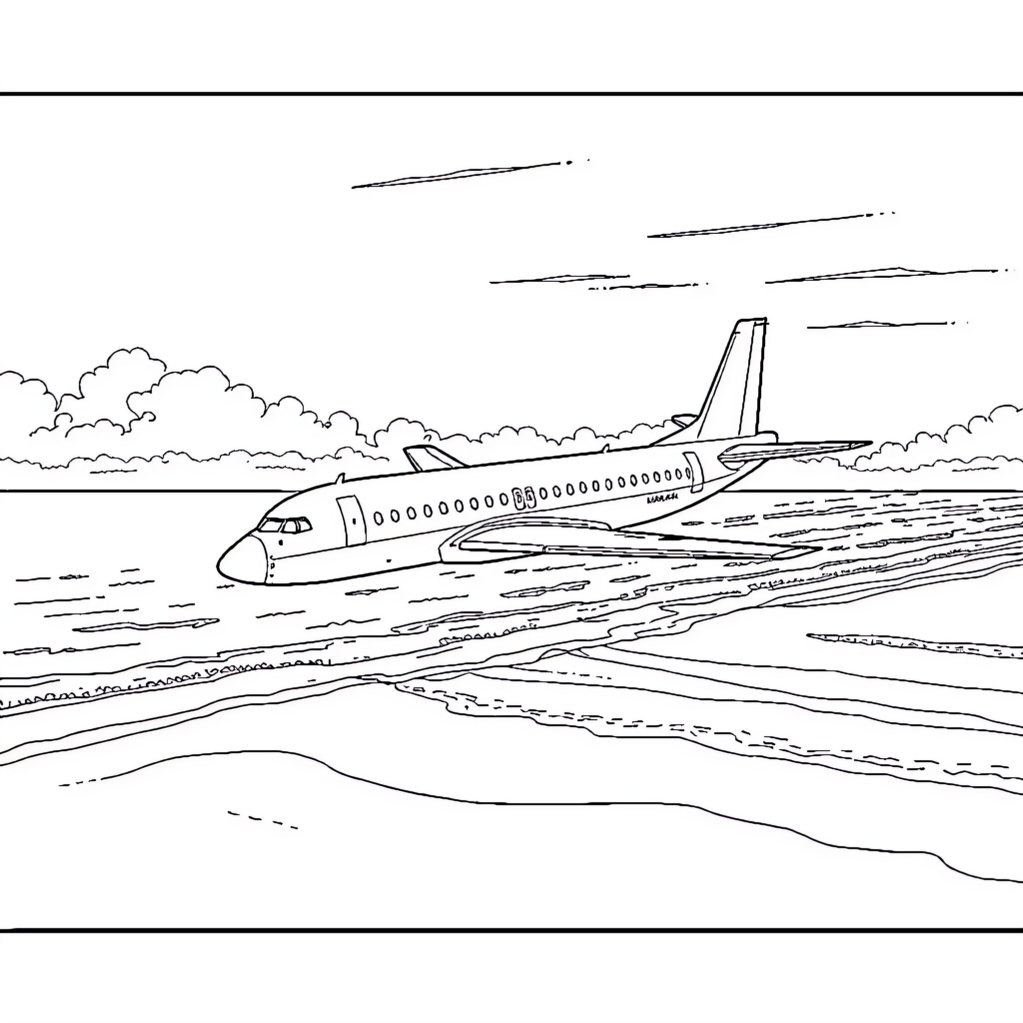 AF1 Airplane taking off over the ocean Coloring Page (free black-and-white line drawing printable PDF for all, from beginners to advanced learners, including children, teens, adults, and seniors)
