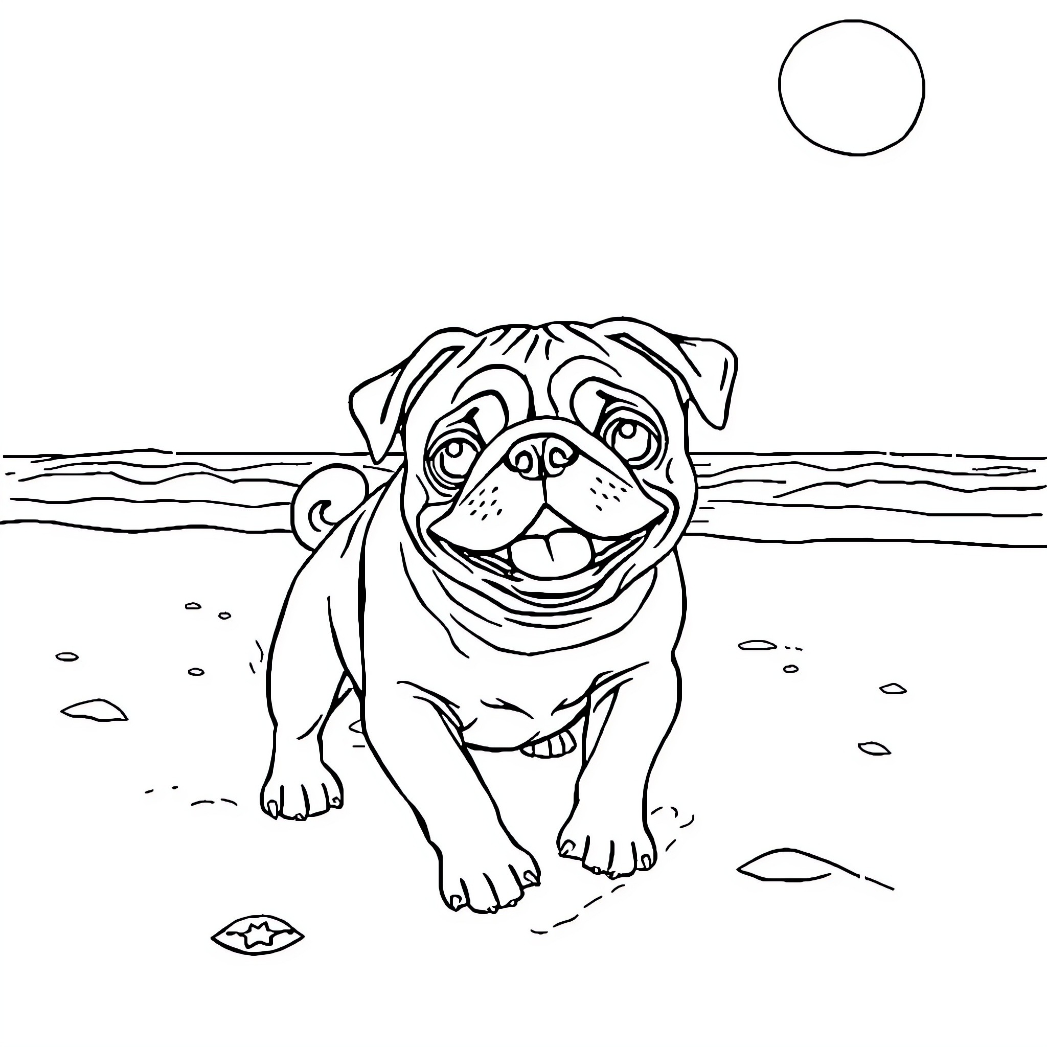 Pug smiling happily in the beach Coloring Page (free black-and-white line drawing printable PDF for all, from beginners to advanced learners, including children, teens, adults, and seniors)